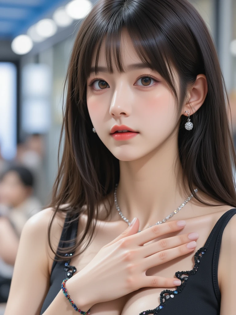 (8K:1,5),(Double Hair Buns:1.2)、Light brown eyes、(dignified expression)、(爆乳:1.4)、Emphasize the valley、(Photorealsitic)、Shadow、(The face of the golden ratio:1.2)、(intricate detailes:1.2)、(​masterpiece、:1.3)、(top-quality:1.4)、(超A high resolution:1.2)、超A high resolution、(A detailed eye)、(Detailed ears）、(Detailed eyebrows)、（Detailed mouth）、(detailed facial features)、((Silver necklace))、Luxury Night Bar,(Colorful neon shirt),((cleavage,Unbuttoned):1.2),(Neon light:1.4)、(head-on:1.8)