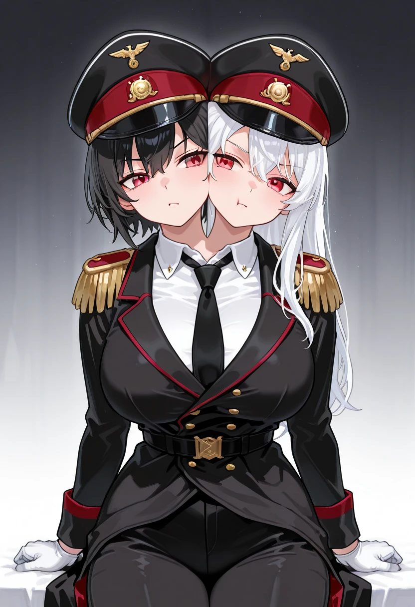 BREAK Perfect Anatomy、(High resolution:1.2)、Incredible illustrations、(Cute illustrations:1.2)
(Beautiful background,(nature,crowd))(netorare,yuri,dutch angle) 
2gial((blonde hair,shiny hair,hair intakes:1.8,long hair)(doyagao)(a girl,, 1.4meters, 35kg),17-year-old,flat chest))(Black coat,Combat Uniform,,garter straps,Eye patch),
        ((gradient grey hair,shiny hair,hair intakes:1.8,Dark Skin:1.6)(doyagao)(a girl,height 1.7meters, 40kg),,17-year-old))
 (Black coat,ゴシック風Combat Uniform,,garter straps,eyepatch:1.8) )a girl kissing a girl
