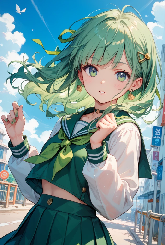 ((A Pretty High School girl with green hair and blue eyes)), ((wearing Sailor suit)), Baby face, ((master piece, top-quality, ultra-definition, high resolution)), anime girl, ((ultra-detailed illust:1.2)), only one person, bangs, hair between eye, beautiful hair, Beautiful eyes, , Big smile, opened mouth, cherry trees, schoolyard,no_pants,,white_