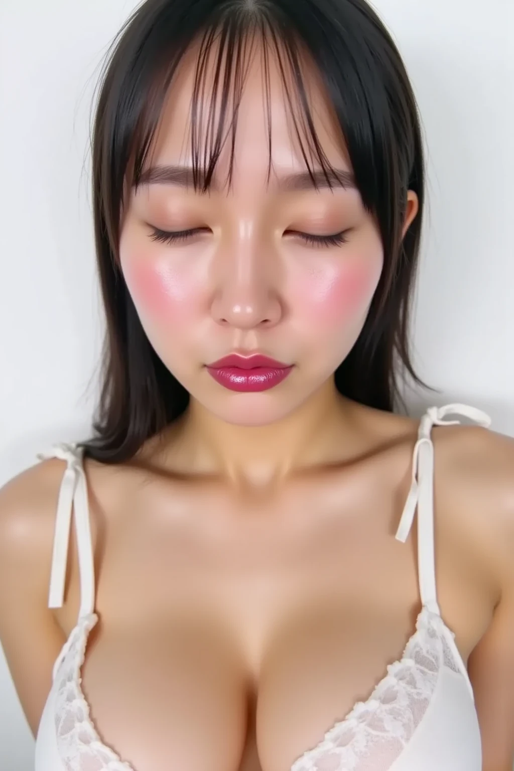 ((Best Quality, 8K, Masterpiece: 1.3, ultra-high resolution: 1.3)), Upper Body (1.3), Colossal (5), Outstanding Style, Gentle Face, young girl 20 years old, asian baby face, puffed up chin, Parallel Eyebrows, great smile, perfect teeth, (happy to see you: 1.6), cute make up, tight tank top that emphasize big perfect cleavage, ???????????: 1.5, amazing ?????? enhancement, refresh, (blushing hard:1.3), (slutty orange eye makeup), strong winged eyeliner: 1.7, double eyelid, full red lips, thin eyebrows, blushing hard, cute red cheeks, really fine brown sparkling eyes, Soft skin, perfect flawless photorealism, eye contact, perfect body, (extremely detailed cleavage: 1.4), attractive girl, gorgeous young appearance, submissive gaze, teasing you, surprised ????? gaze, (jaw drop:1.3), skin details, ???? arms, beautiful eyes, real face, real skin, real face, mouth wide open, tongue out, sharp focus on ???????, yoga pants, front lighting, giant voluminous ???????