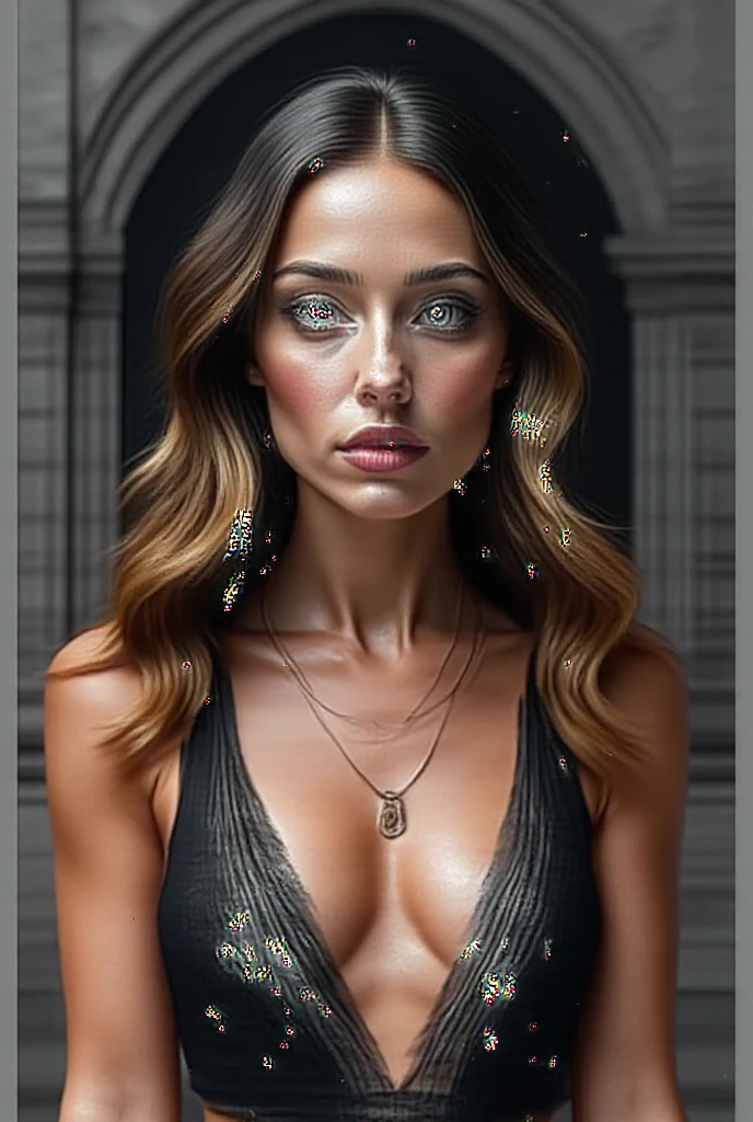 Qualidade Superior, master part, super high resolution, ((fotorrealista: 1.4), Foto RAW, remove  bonita enterrada em dinheiro, Banknotes and coins from around the world cover your hands and feet, in addition to financial education. Cabelos longos amarrados com um wad, gold tied around the neck, sparkling jewelry connected to the head, octane rendering, 8k, Super afiado, metal, Detalhes decorativos intrincados, detalhes muito intrincados, luz realista, Neon details, (cidade futurista ao fundo), Facing the camera