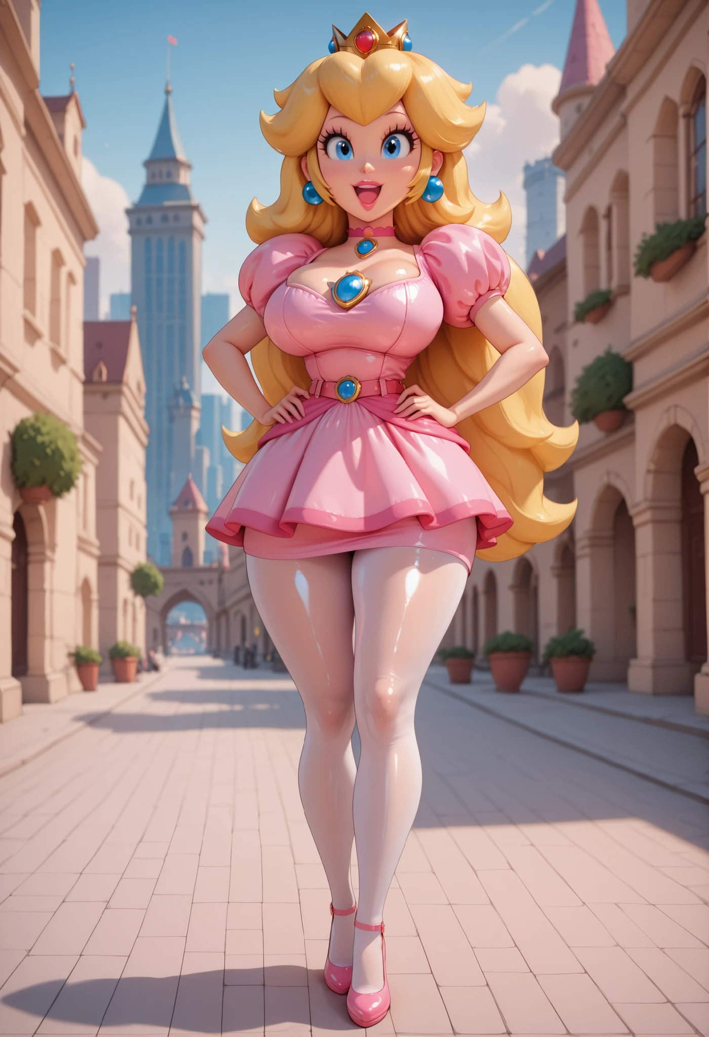 princess peach, Bimbo body,1girl,solo, fullbody, jewelry,earrings,long hair,breasts,very long hair,big hair,choker,Short dress, white tights, low-cut top, big breasts,thicc, :d,smile,open mouth,shiny,shiny skin,Hands on hips, belt fastened.,upper teeth only,voluminous hair,intricate hair,city,outdoors,
