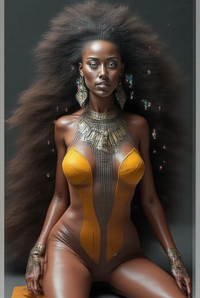 beautiful african goddess, luxuriant afro-textured messed rainbow hair, dark skin, heterochromia eyes, really curly hair, round belly voluptuous body, extreme tanned skin, extreme long black straight hair messes over naked boobs, huge chocolate headdress, big cheeks, long legs, curvy, chocolate and golden breast painting, breast painted golden and chocolate, indigenous golden and chocolate facial painting
