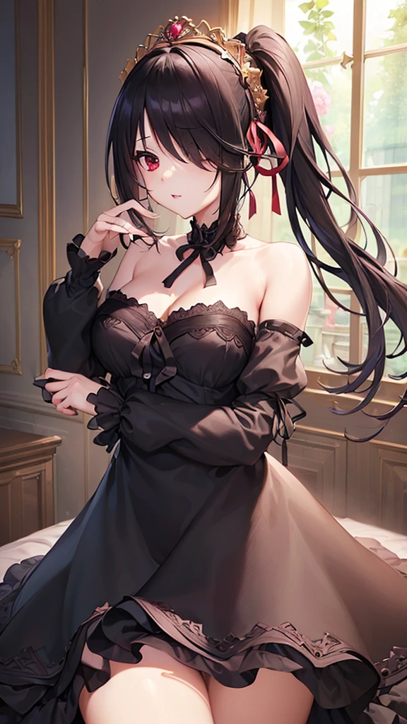 slender, mature female,rose, red_rose, red_flower, flower, 1girl, breasts, rose_petals, cleavage, long_hair, rating:safe, large_breasts, black_rose, dress, black_dress, solo, thorns, camellia, choker, looking_at_viewer, collarbone, very_long_hair, pink_rose, petals, long_sleeves, _shoulders, sitting, red_eyes, black_flower, brown_eyes, blush, bangs, sidelocks, black_hair, piercing, parted_lips, closed_mouth, purple_rose, jacket, ear_piercing, spider_lily, belt, earrings, jewelry, long_dress, brown_hair, thighs