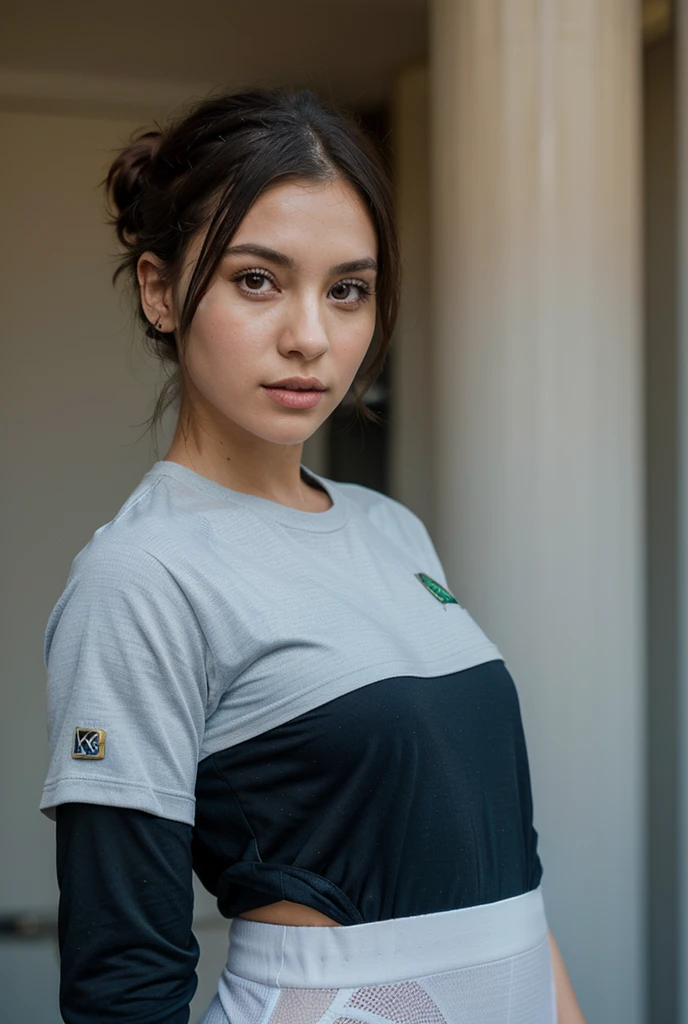 arafed woman taking a selfie in a green crop top, wearing military outfit, military outfit, wearing a cropped top, army girl outfit, outfit photo, wearing crop top, 2 4 year old female model, military girl, crop shirt, slightly pregnant, half body cropping, physical : midriff, with two front pockets, wide
