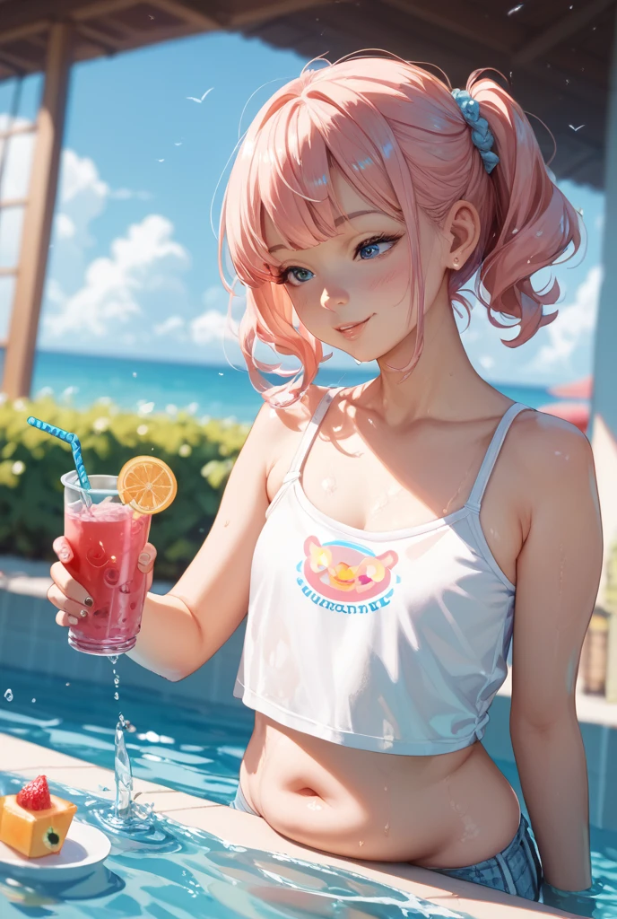 (Masterpiece, BestQuality:1.3), (ultra detailed:1.2), (hyperrealistic:1.3), (RAW photo:1.2), High detail RAW color photo, professional photograph, (Photorealistic:1.4), (realistic:1.4), professional lighting, perfect , (Big Breasts:1.2), (blush, detailed face), (cheerful Smile:1.5), Trending Hair&Trending Hairカラーをランダムに, earrings, necklace, bracelet, sexly,  sexly, Random sexy gravure poses, (A beautiful pink-haired woman wearing a pink top and shorts、She is smiling and posing sexy by the pool with a cocktail in hand.。:1.3)