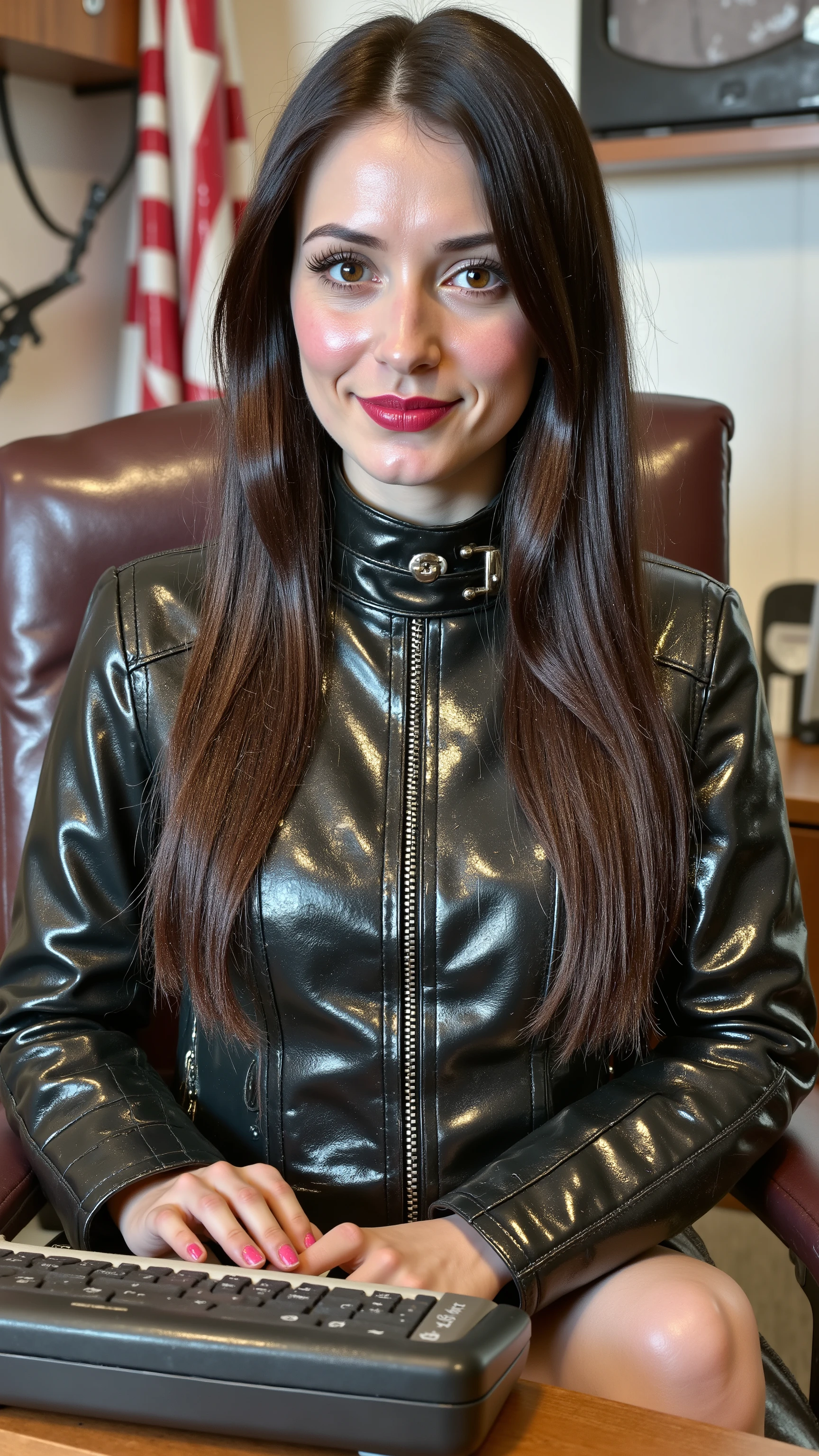 a beautiful girl with long dark brown hair, detailed eyes, nose, and lips, wearing a heavy thick worn grimy dirty leather professional outfit, siting in her office, using her computer, hp comuter (best quality,4k,8k,highres,masterpiece:1.2),ultra-detailed,(realistic,photorealistic,photo-realistic:1.37),HDR,studio lighting,extremely detailed face and body, portrait,cinematic lighting,dramatic lighting,warm color tones,dramatic colors
