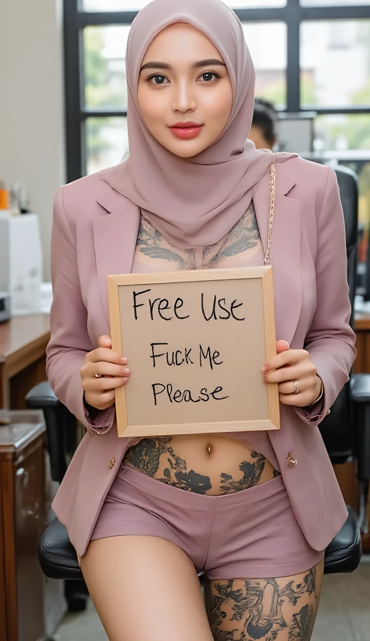 Asian hijab girl with beauty thin face, Muslimah wear hijab, cleavage, big breasts, huge breasts, sagging breast, unaligned breasts, wear see through colored blazer naked, office blazer, mini skirt. navel piercing accessories. heavenly underboobs tattooed, heavily chest tattooed, holding a papper board containing writing "Free Use Fuck Me Pleas", setting on office chair, public office room