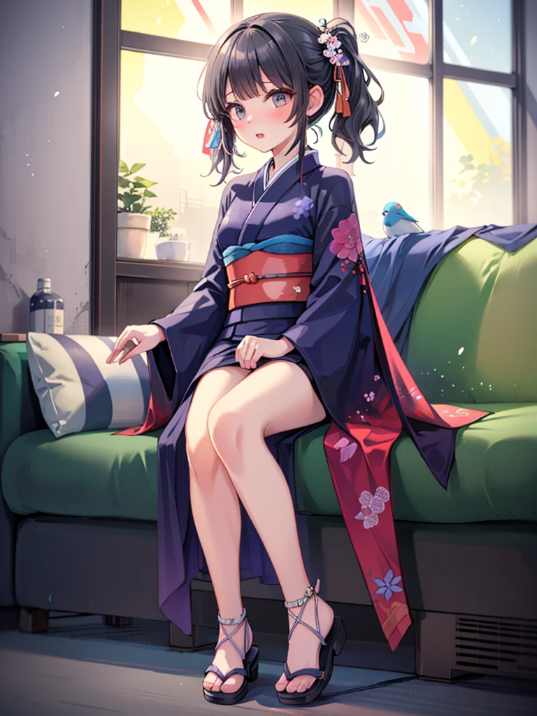 Beautiful girl wearing a short yukata with a white and red hem is squatting and touching her hair with one hand, looking at the camera, ((((background blur))), sandals with nose cords,  feet, cotton ,