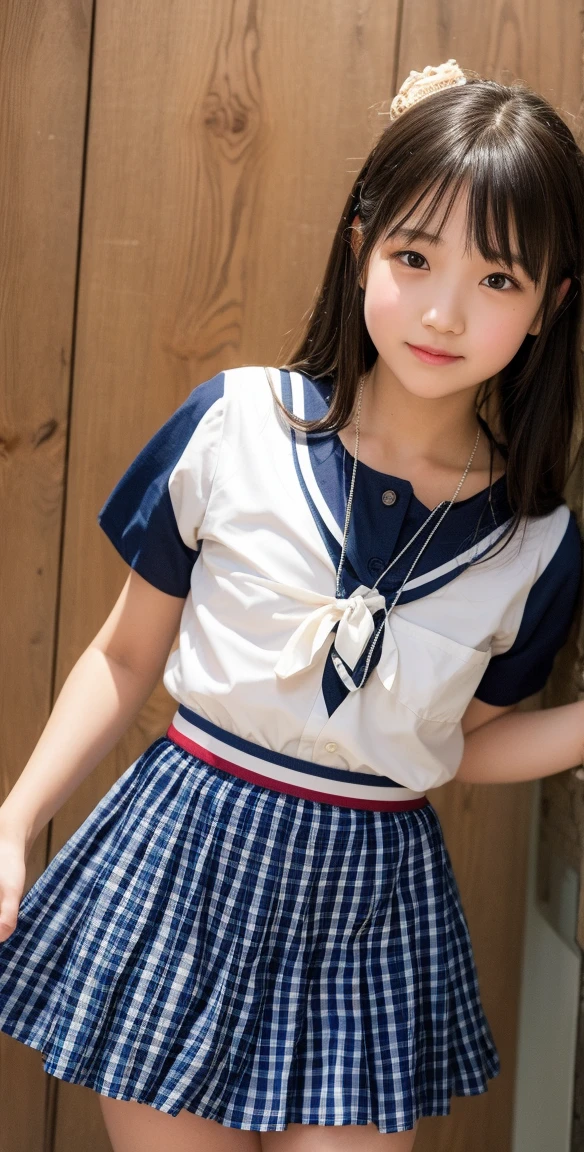 (8k),(masterpiece),(Japanese),(8-year-old girl、Baby Face:1.85、Baby Face:1.85、Baby Face:1.85、Ultra-flat :1.85、Striped panties:1.85、Ultra short height:1.85),((Innocent look)),((Childish)),From the front and above,smile,cute,Innocent,Kind eyes,White camisole,Blue checked short skirt,short hair,Skirt blown in the wind,Black Hair,belly button、Somewhat strong wind,noon,bright