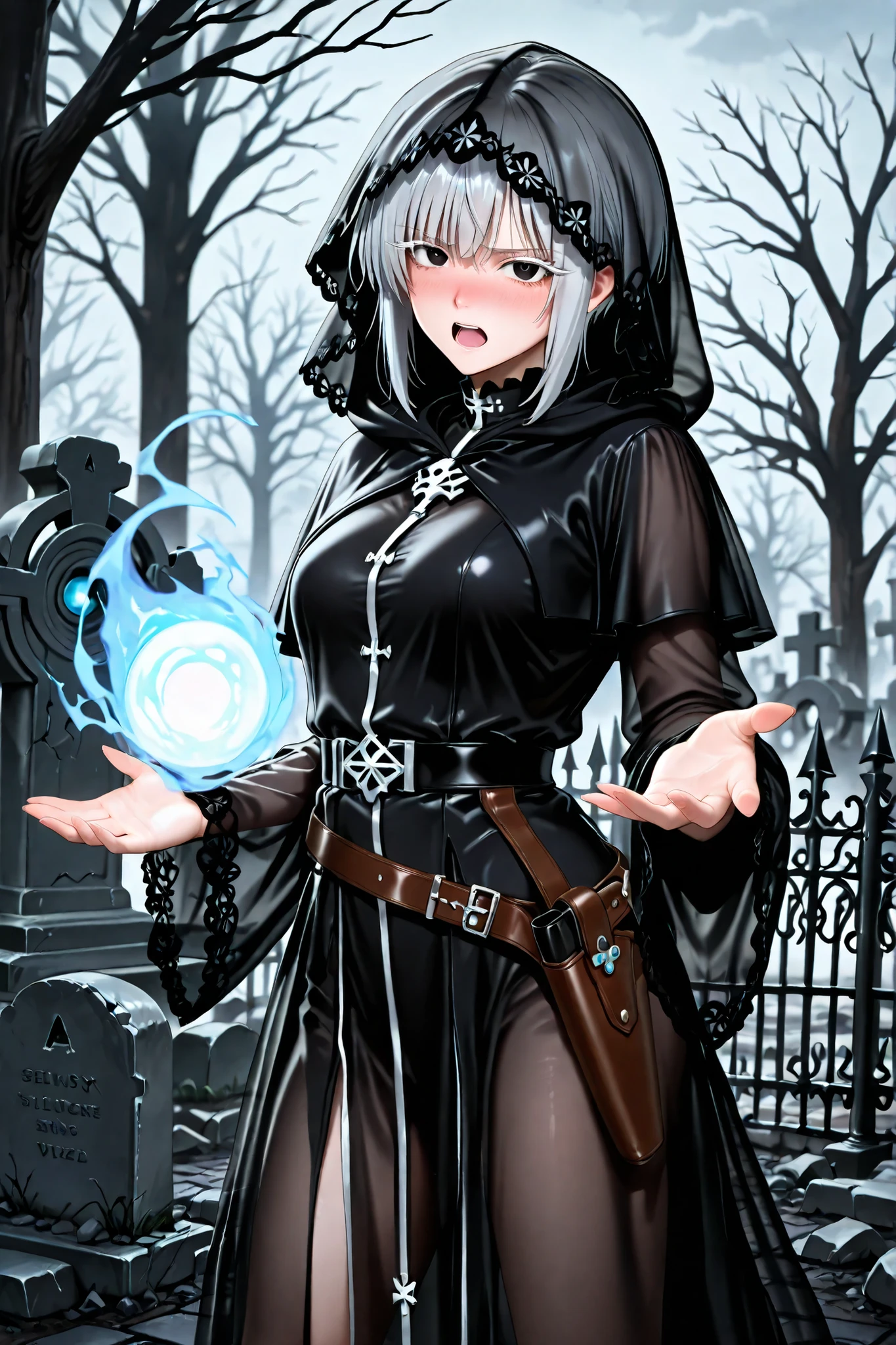 1girl,
(background: Midnight Old Western Graveyard, Misty Atmosphere, Broken Tombstone, dead tree, Wrought Iron Fence, Full Dark Fantasy, Gothic Horror, Eerie Silence , Unforgettable Atmosphere, A ghostly shadow),
((palms facing directly at the viewer:1.4), (hands close to the camera, shallow depth of field, dramatic perspective), (standing firmly with legs apart), casting spell, glowing orb of light),
(silver hair, see-through bangs, long straight sidelocks, short hair, Pixie Cut hair),
((medium breast), (glamorous body)), (adult face, beautiful),
((black eyes), (eye highlight), (sharp eyes, slanted eyes:1.2)),
((False eyelashes)),
((full-face blush, glaring, angry, shouting, open mouth, sense of solitude and pride),
black satin hooded robe, ethnic trim, gemmed staff holster belt, sheer veil sleeves,
(motion blur, freeze-frame action, vivid colors),
reizei,
(cowboy Shot),
(from side),
(high contrast, deep shadows, rich color tones, muted colors),
(best quality), (masterpiece), (semi-realistic), ultra-detailed, high resolution, (anatomically correct), (Realistic shadows), 8k resolution, score_9, score_8_up, score_7_up,
(in a high-rendered anime style with detailed shading, smooth gradients, and polished lighting effects, combining vibrant colors and expressive features with a semi-realistic finish),