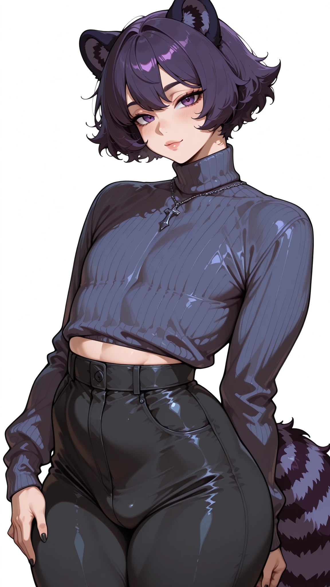 1man, femboy, feminine, slutty, short fluffy hair, dark purple hair, dark purple eyes, dark purple raccoon ears, flirtatious, detailed eyes, small head, flat , dark purple raccoon tail, mischievous, , alternative fashion style, baggy black turtle neck sweater, looking at viewer, simple white background, shortstack, curvy, chubby, black nails, waist up shot, standing pose, winter clothing, winter themed, black pants, from afar, 3/4 portrait, zoomed out