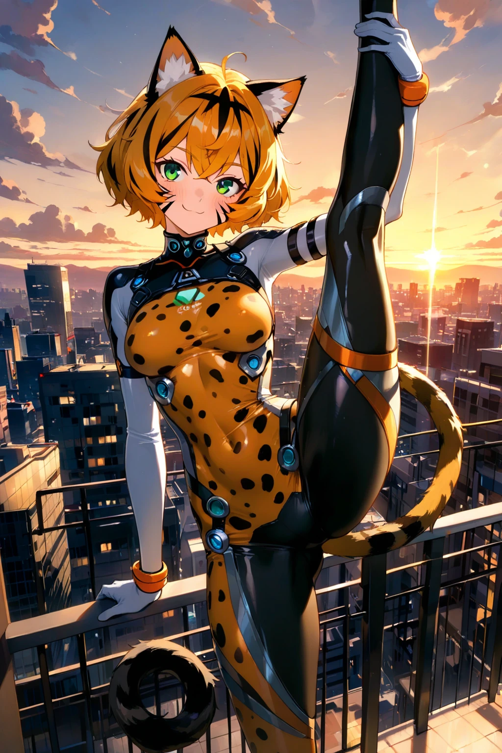 top quality, future world, State-of-the-art robot, Beautiful Woman, flying hair, Transformed into a cyborg except for the face,  Transformed into a cyborg except for the shoulder, sexy images, whole body photo, (((woman: cyborg cheetah:1.9)))