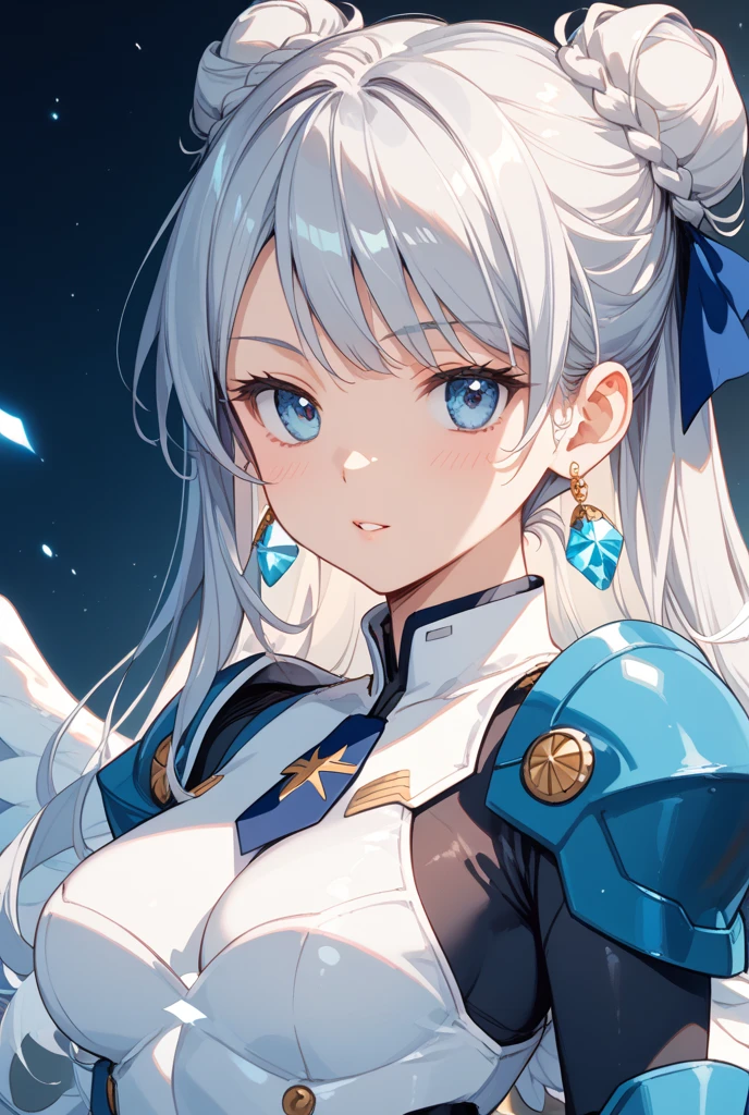 18 year old beautiful girl, Big blue eyes,  Small and slender with slightly larger breasts, , ((Beige hair,)),(Hair in the ponytail on the left side), in 8K, of the highest quality, (Highly detailed head: 1.0), (Very detailed face: 1.0), (very detail hair: 1.0),( white battle costume with high exposure), Detailed official artwork, anime moe art style, clean detailed anime art, Cool smile