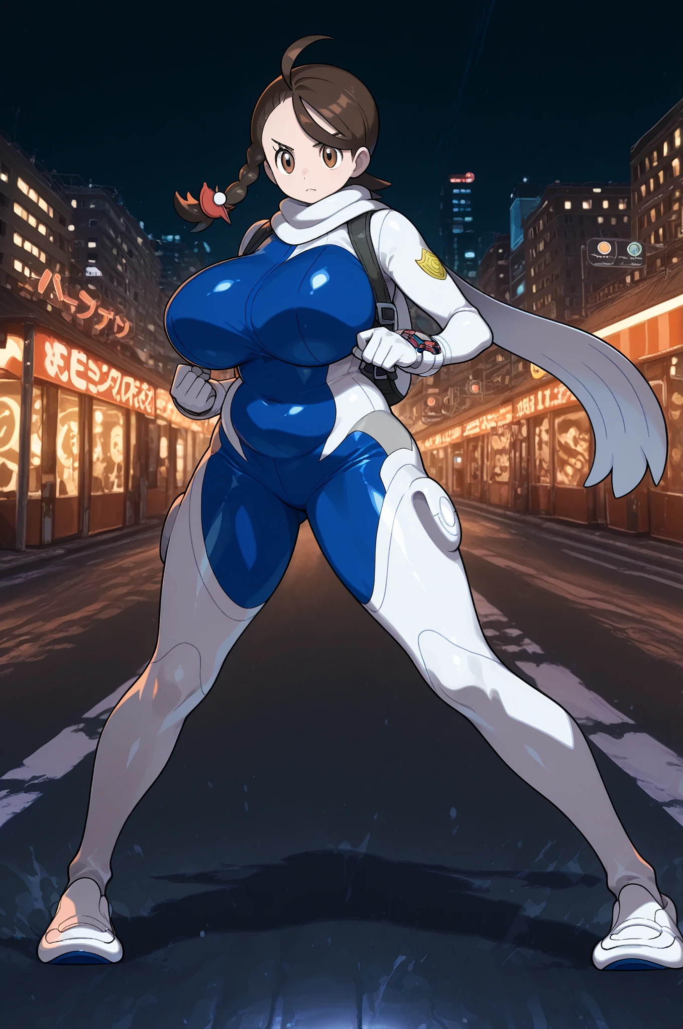 Solo, Makoto_Niijima (from persona 5, 1female, white skin, Japanese, red eyes, short brown hair, braid like a hairbow on top of hair, small ?????) taking a cute photo on the street, high-school uniform. (finely detailed beautiful eyes: 1.2), anime, shadow, depth of field, (masterpiece: 1.2), (best quality), 4K, high detail, anatomically correct