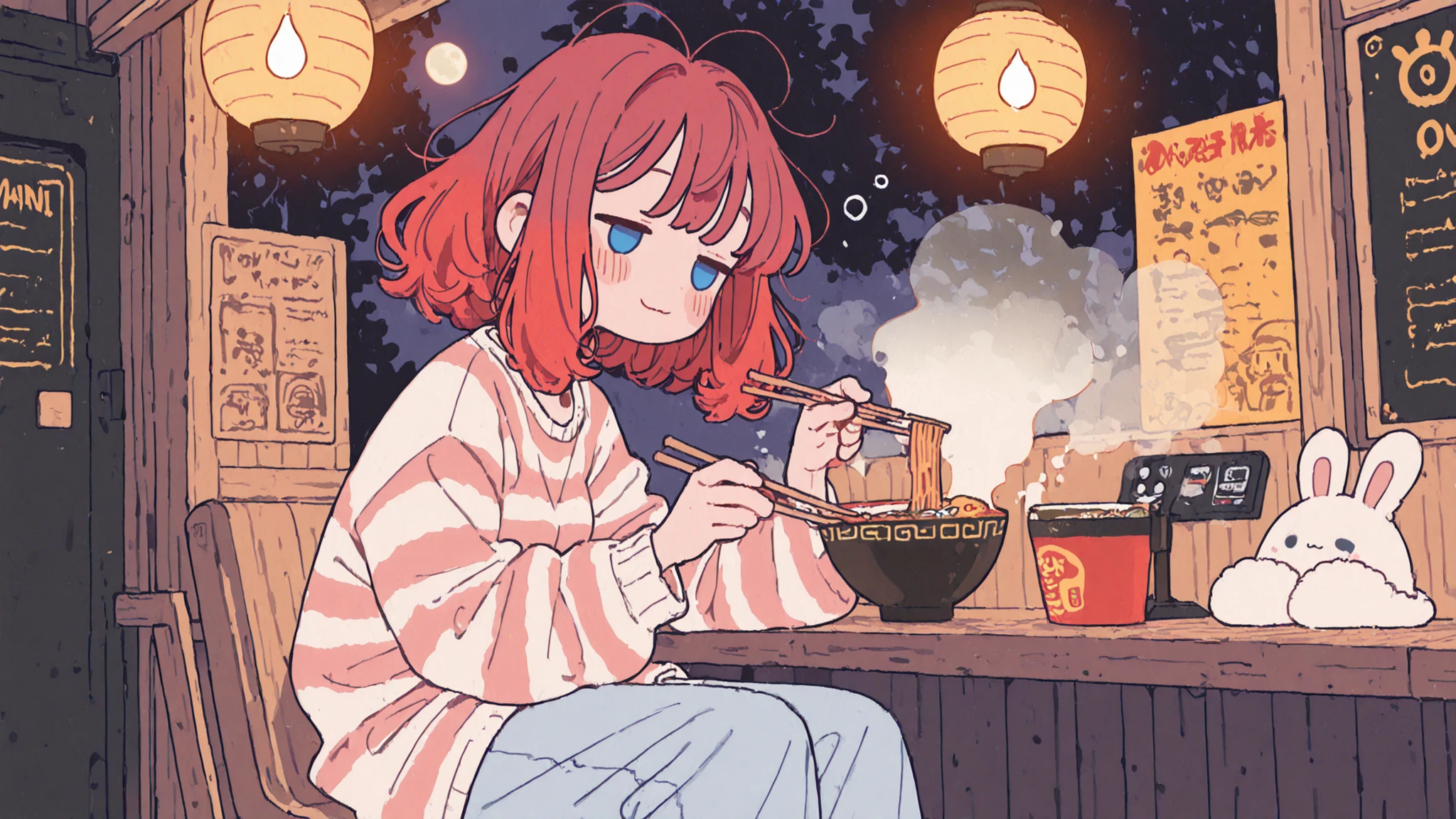 side angle, 1 girl, solo, red hair, voluminous fluffy hair, blue eyes, (solid oval eyes), sleepy half-lidded eyes, small breasts, striped pajama top, long sleeves, comfy pants, fluffy slippers, holding chopsticks in one hand, steaming ramen bowl in the other hand, sitting at a ramen shop counter, slurping a ramen, faint blush, soft smile of guilt, background shows the outdoor ramen shop with wooden counters, and soft lantern lighting casting a warm glow, cozy midnight mood, faint full moon, flat lines, flat colors, minimal shading, flat vector illustration