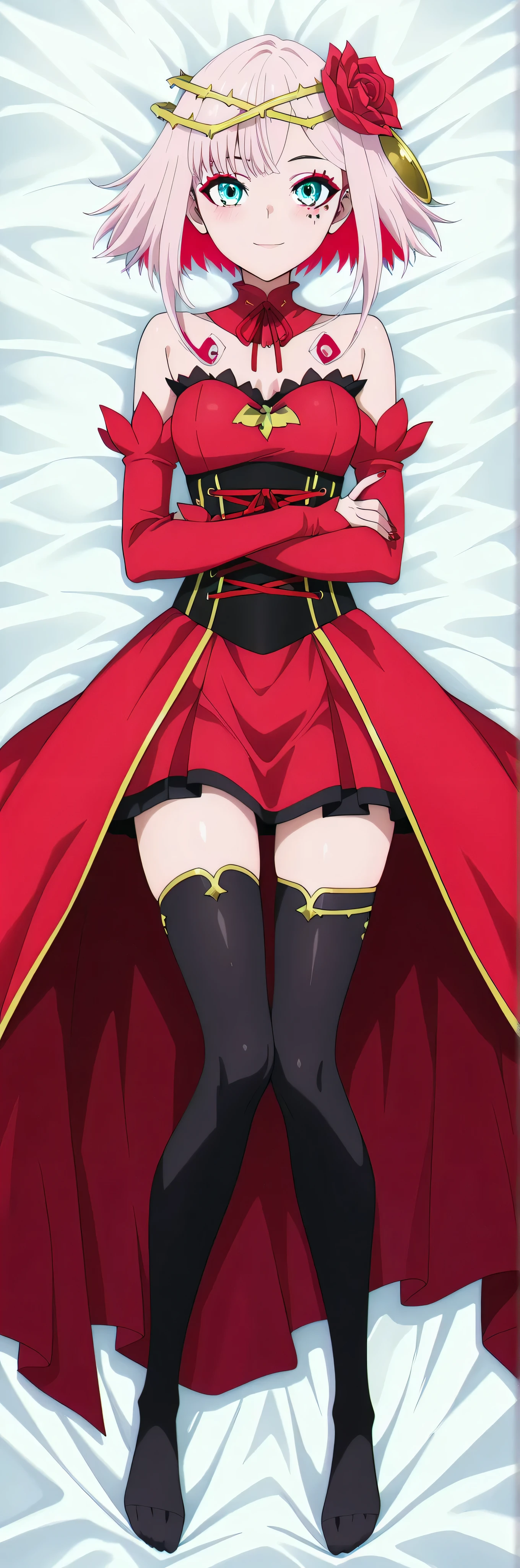 1 niña, solo, solo mujeres, SFW,
masterpiece, best quality, amazing quality, highres, absurdres, very aesthetic, high resolution, ultra detailed, perfect details, 1girl, solo, destiny, short hair, colored inner hair, pink hair, red hair, short hair with long locks, hair ornament, hair flower, crown of thorns, aqua eyes, makeup, red eyeshadow, mark under eye, red nails, detached collar, red dress, strapless dress, high-low skirt, corset, thorns, detached sleeves, black thighhighs,(portrait:1.4), (anime screencap:1.2), light smile, flushed cheeks, blushing, hands crossed under upper body, fingers hidden, only wrists visible ,
Dakimakura, feliz, bed sheet, white bed sheet, full body ,
alta resolución, Alto Detalle, muy detallado, detailxl, fuente_animé, ojos grandes, gorgeous animé girl, colores vívidos, IlustracionesP0s, PonyScores,