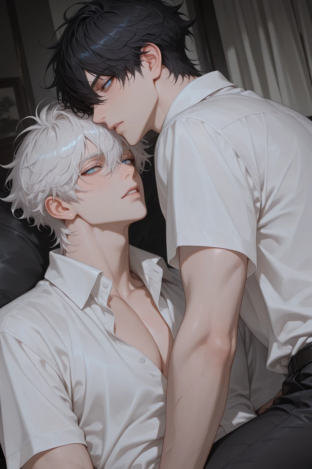 Night time , at a bus stop , spooky lighting ,  lit only by street light , spooky glow , moody scene , reflections, wearing Fall clothing , (masterpiece, best quality )detailed, 1Character , blue archive art style ,  pastel washed out colors , cell shade , soft, muted shades ,gentle colors , Handsome man , White hair , very Short hair, ((crew cut hair style:1 )) , Blue eyes , light skin , ((muscular:1)),masculine ,age 28,