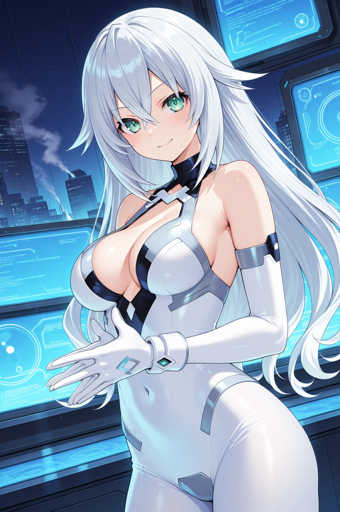1 Girl, baby blue eyes, nose, eyebrow, ear, big white hair, blue hair locks, bangs, eye hair, sexy anime white rabbit outfit, big chest, standing, background scenery, in a nightclub, lights colorful, ambient detail, ultra-detailed