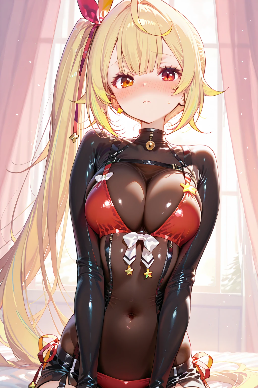 ((((Obra maestra, La mejor calidad, ultrahigh resolution)))), 1girl, standing, ((long yellow hair, yellow hair over eye)), long hair cut, shiny skin, ((blue eyes)), glowing_eyes, neon eyes, (ultra detailed eyes:0.7, beautiful and detailed face, detailed eyes:0.9), ((centered)), smile, ((wide shot)), facing viewer, ((vibrant background, bright lighting, summer, sunlight)), large chested, looking at viewer,, ((perfect hands)), (((head:1, arms, hips in view, elbows, arms, legs, in view))), ((hands behind back)), beautiful lighting, ((outside, outdoors)), defined subject, head tilt, (((gritty)), ((creepy)), ((cool)), ((beautiful)),  smile,  woman, sexy woman, teasing, Translucent Bunnysuit, wearing nothing, open chest, open shoulders, translucent stocking, wide hips, Slim waist, she look spicy, translucent bunnysuit, sexy, leotard, playboy bunny, , bunnysuit, strong lighting,