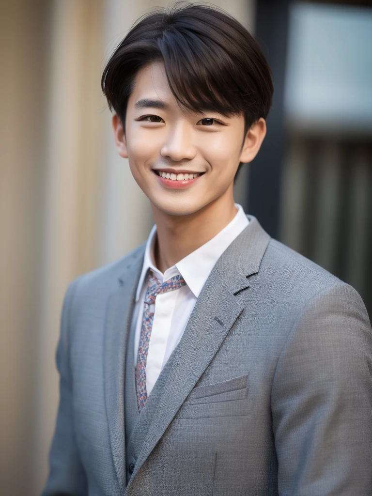 (best quality, ultra-detailed, realistic:1.37), Asian male, smirking, light brown hair, wearing a brown sweater