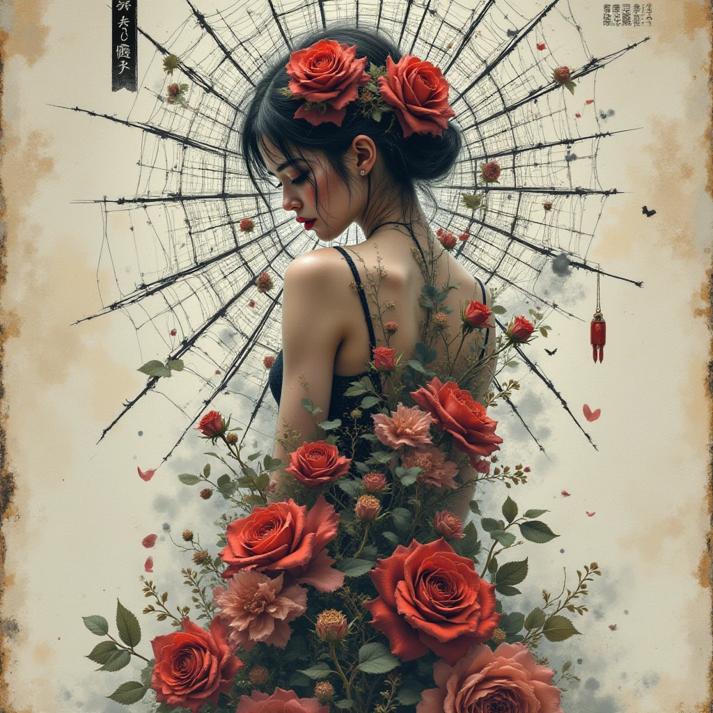 score_9, score_8_up, score_7_up, Japanese teenage girl, floral kimono, exposed shoulders, , beautiful face, thick eyelashes, glossy eyes, black hair, cute smile, dark eyeshadow, shoulders tattoos, back tattoos, floral decoration in hair, falling petals, beautifully backlit, wideshot、Extreme Wide Shot,Near and far in the air,View from above,large-scale,Central Theme,Woman in red wedding dress,Red petals are all around,Complex crystal floral patterns,etheGenuine red flower sea backdrop,Dreamy atmosphere,Brilliant hues of red,Majestic Aura,detailed embroidery,Fantasy Setting,(Fantasy Theme:1.4),Luxurious design,A spectacular presentation,surGenuine beauty,A fascinating spread of flowers,Enchanting atmosphere,,Incredibly absurd,Genuineistic,Genuine,((Art Nouveau)),Genuineity, , detailed, Complex, detailed Complex, (detailed face:1.2), ,  , 