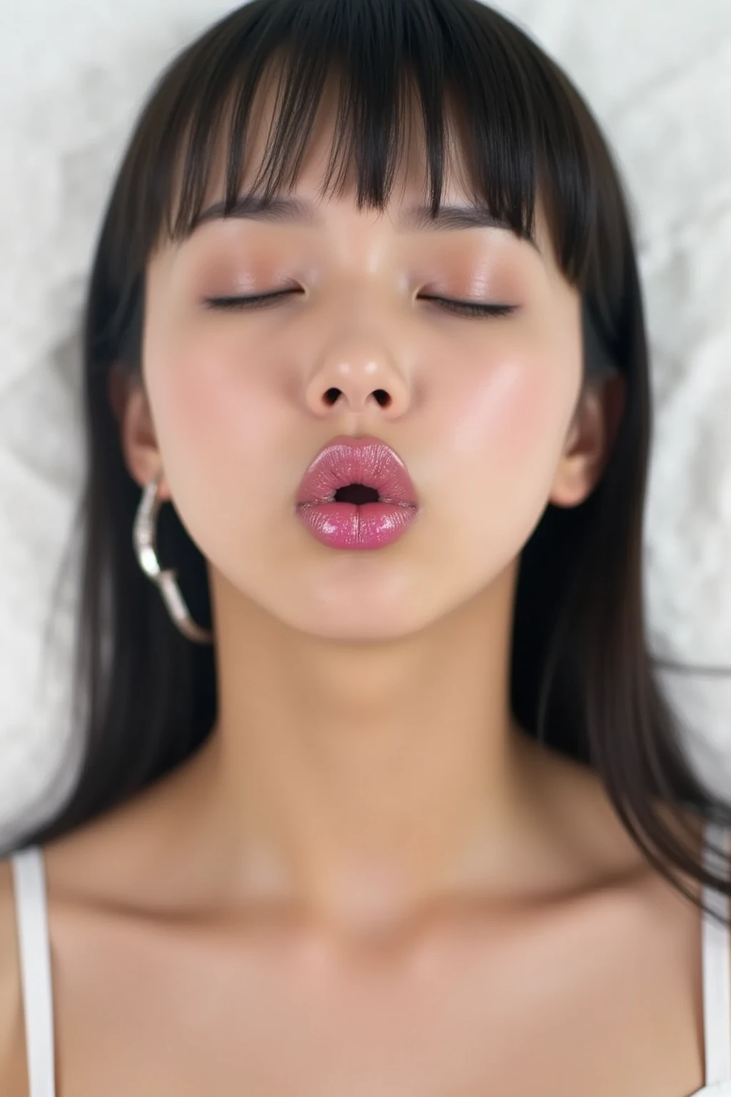 (Perspective of laying in bed) (pov laying next to her)  ,  on ,  on , Tiny young Asian teen sleeping in bed in silk pajamas, she's asleep on her side,  