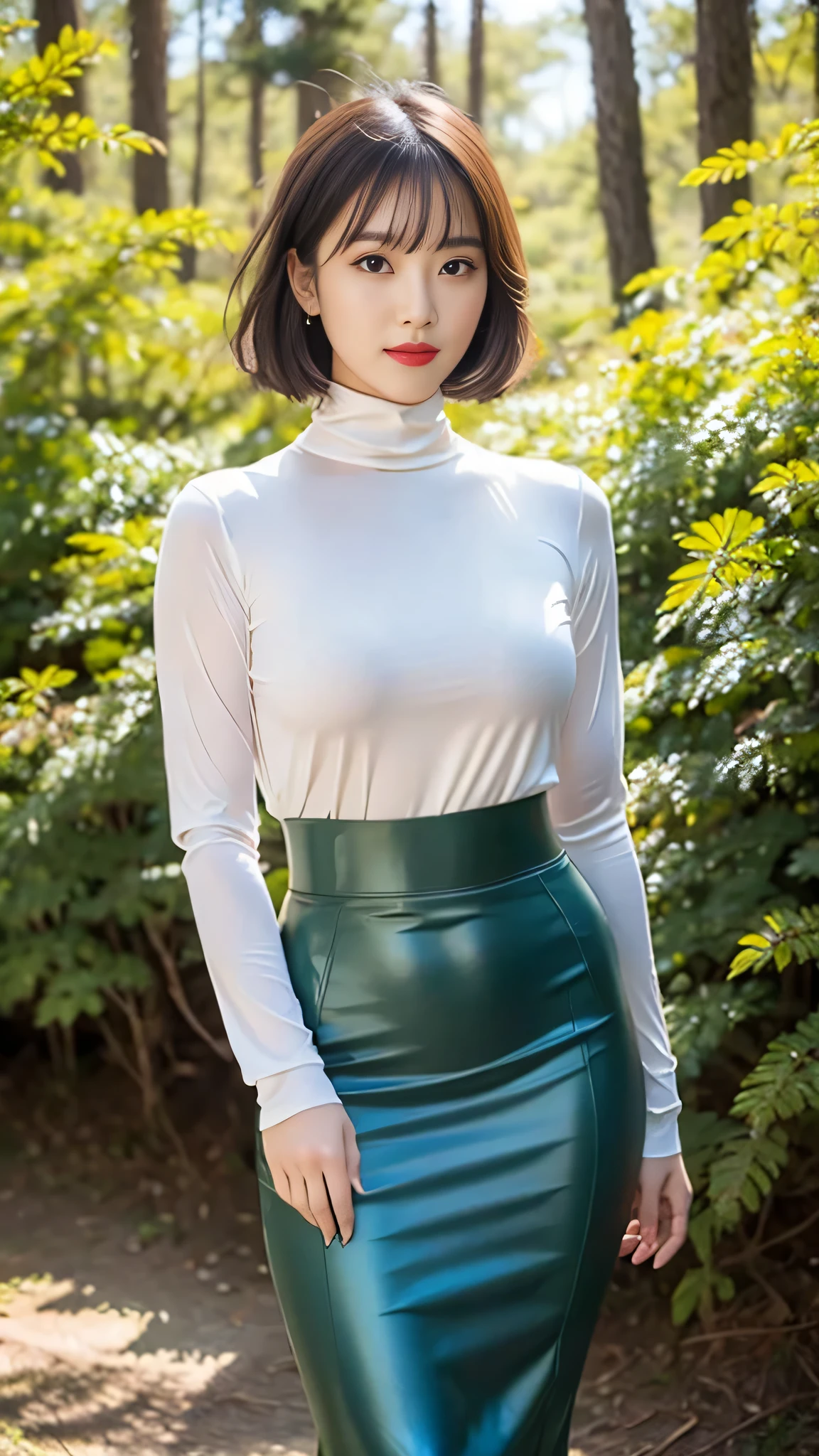 (masterpiece,top quality,Ultra High Accuracy),very detailed CG,((Bob Hair with Bangs)),((very beautiful Japanese woman)),(bright red lipstick),(((white high neck long sleeve shirt made of thin fabric))),((shiny light blue satin high waist mermaid long skirt)),(The turtleneck long sleeve shirt is tucked into the skirt),((In the woods)),staring at me,Pose showing chest with arms raised above head