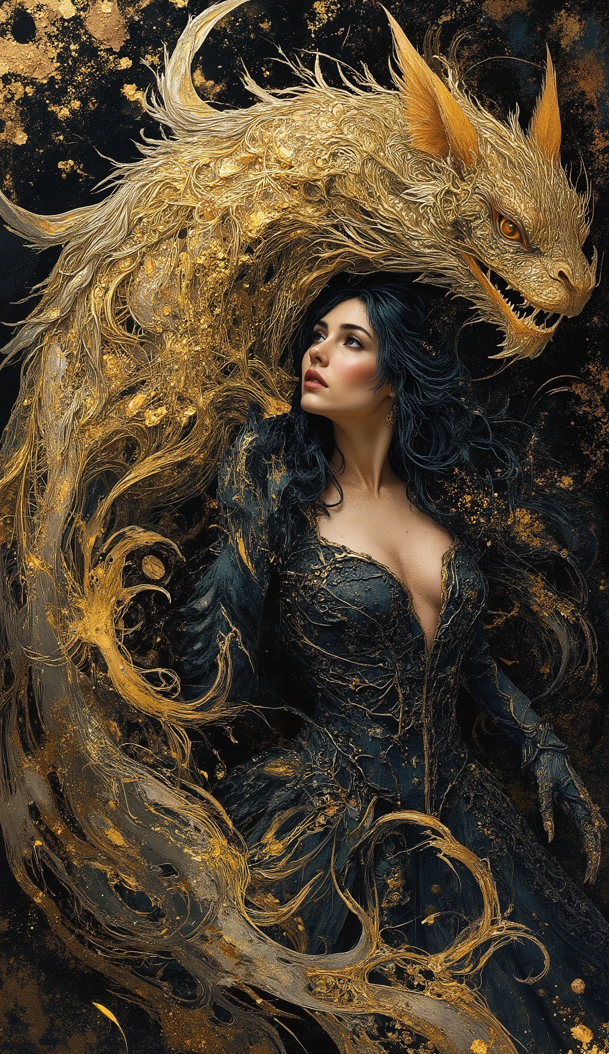 ( one male)A male wizard and (one female) witch. Wizard is 40, beardless, silver haired and handsome with aquiline features with a slender muscular frame dressed in impeccable style with dark coat, vest and leggings. The witch is short, beautiful with light brown skin cute features , dimpled cheeks and dark curly hair, pale skin, medium natural breasts , in a low cut dress thats black and silver, mesmerizing in her beauty, shining with inner light and perspiration. They are combining their magics in a swirl of energies that are contrasted greatly because their opposite natures fit perfectly. The world around them shudders at their power and beauty, the harmony of opposites realized and unified in a sacred marriage of existence, light and dark, male and female, all the elements, fire air earth water and spirit, time is dilated and at the center, is a great love that has lasted countless lifetimes. Done in a surreal vivid expressionist style full of power, balance and terrible beauty full of detail and abstract in the swirl of energies.