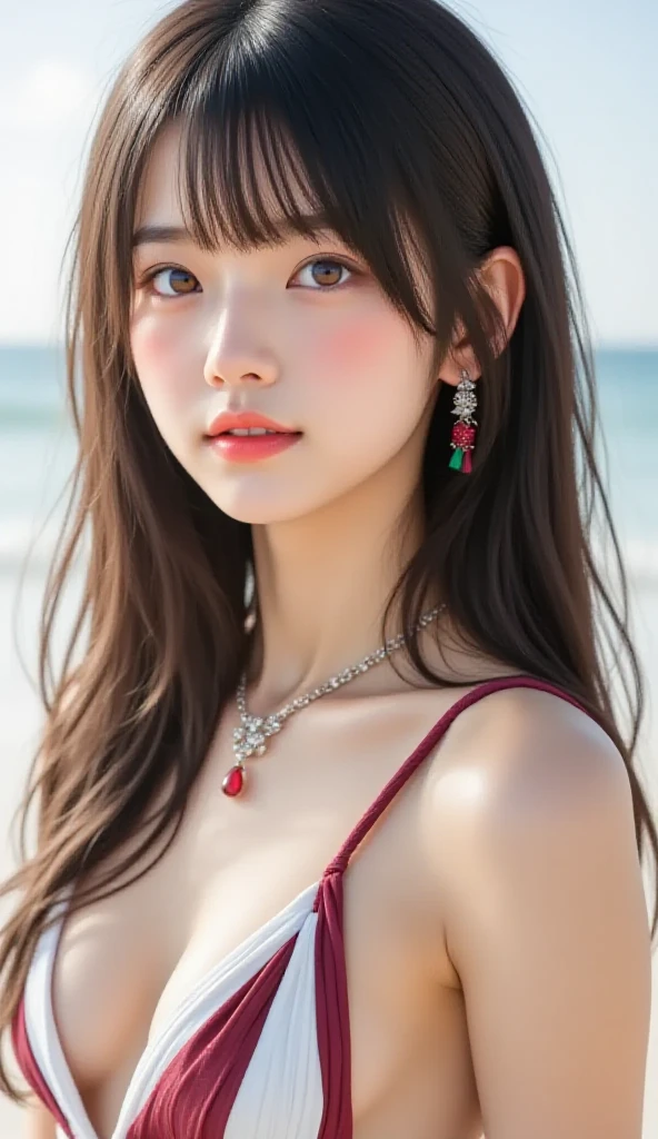 Masterpiece, 4K, bokeh, Photorealistic, girl, (Japanese idle:1.8), Lightbrown long hair, Light brown eyes, Plump ??????, Looking at the viewer, Blushed face, Close up, (Maxi dress), (Gemstones decoration:1.2, Colorful Gemstones:1.2), (Dress embellished, Sequins), sunset seashore, Beautiful sky and clouds, 