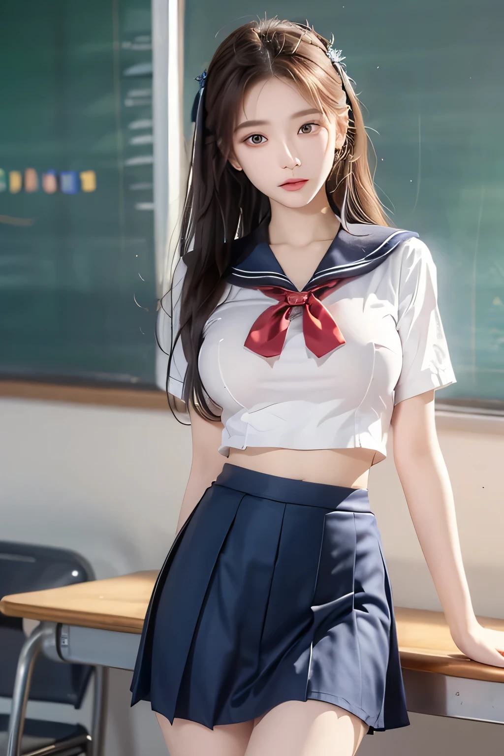 ( Super High Definition), (I'm looking over here), (school uniform:1.2, sailor suit, flared skirt), (Big Breasts:1.2), (Slimness:1.8), ( Read more:1.4), (thin thighs:1.4), ( thin hips:1.6), ( beautiful skin, shiny skin, white skin), (Super slim face, Super beautiful face, makeup, Smile :0.8), ( light brown hair, semi-long, layered cut , fluffy hair), ( big eyes:1.4, High corners of the eyes:1.6, double eyelids), (Thin eyebrows:0.1), ( small nose:0.6), ( thin lips:0.6), classroom