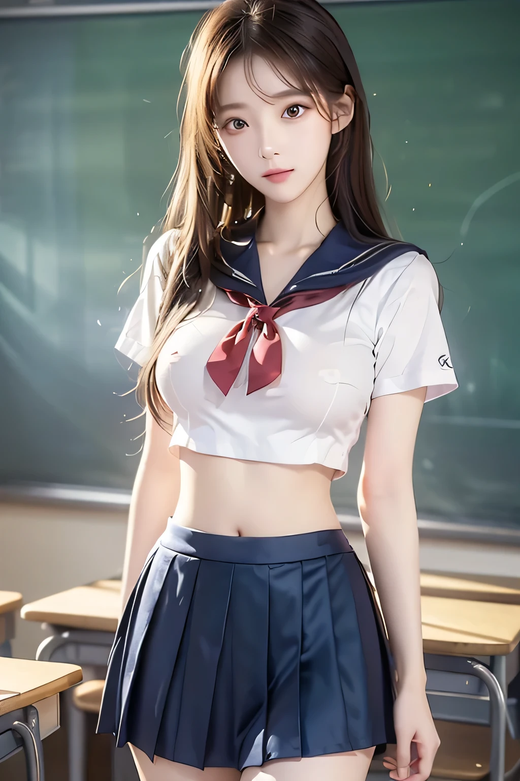 ( Super High Definition), (I'm looking over here), (school uniform:1.2, sailor suit, flared skirt), (Big Breasts:1.2), (Slimness:1.8), ( Read more:1.4), (thin thighs:1.4), ( thin hips:1.6), ( beautiful skin, shiny skin, white skin), (Super slim face, Super beautiful face, makeup, Smile :0.8), ( light brown hair, semi-long, layered cut , fluffy hair), ( big eyes:1.4, High corners of the eyes:1.6, double eyelids), (Thin eyebrows:0.1), ( small nose:0.6), ( thin lips:0.6), classroom