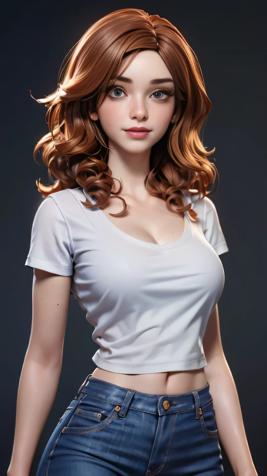 RAW digital art, ultra-realistic 3D render of a stunning woman resembling a young Irish woman, resembling a young Christina Hendricks, Close-Up portrait, ((young woman)), ((freckled skin texture, highly detailed face:1.25)), ((perfectly portioned body, perfect female figure, skinny, slim, narrow hips:1.3)), ((seductive gaze)), ((long eyelashes, expressive eyes with subtle reflections, makeup)), ((perfect breasts, small breasts:1.4)), ((smooth yet detailed hair strands, long curly brown hair, shiny Dark chocolate brown hair with copper highlights: 1.35)), soft shadows and cinematic studio lighting, Pixar-inspired style blending vibrant colors with realistic details, ((wearing a White T-shirt and navy jeans: 1.35)), One leg bent slightly at the knee, fingertips grazing her thigh, serene expression, background softly blurred with warm tones, (8K resolution, intricate textures, sharp focus)