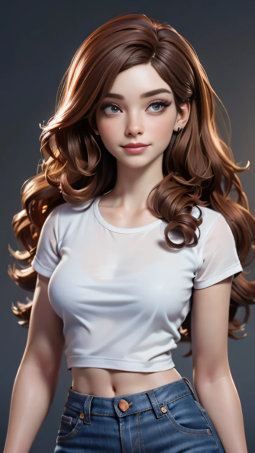 RAW digital art, ultra-realistic 3D render of a stunning woman resembling a young Irish woman, resembling a young Christina Hendricks, Close-Up portrait, ((young woman)), ((freckled skin texture, highly detailed face:1.25)), ((perfectly portioned body, perfect female figure, skinny, slim, narrow hips:1.3)), ((seductive gaze)), ((long eyelashes, expressive eyes with subtle reflections, makeup)), ((perfect breasts, small breasts:1.4)), ((smooth yet detailed hair strands, long curly brown hair, shiny Dark chocolate brown hair with copper highlights: 1.35)), soft shadows and cinematic studio lighting, Pixar-inspired style blending vibrant colors with realistic details, ((wearing a White T-shirt and navy jeans: 1.35)), One leg bent slightly at the knee, fingertips grazing her thigh, serene expression, background softly blurred with warm tones, (8K resolution, intricate textures, sharp focus)