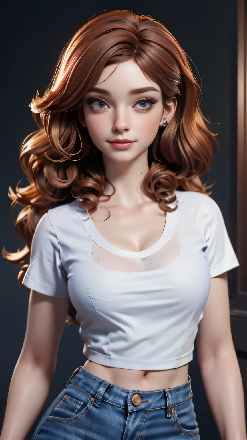 RAW digital art, ultra-realistic 3D render of a stunning woman resembling a young Irish woman, resembling a young Christina Hendricks, Close-Up portrait, ((young woman)), ((freckled skin texture, highly detailed face:1.25)), ((perfectly portioned body, perfect female figure, skinny, slim, narrow hips:1.3)), ((seductive gaze)), ((long eyelashes, expressive eyes with subtle reflections, makeup)), ((perfect breasts, small breasts:1.4)), ((smooth yet detailed hair strands, long curly brown hair, shiny Dark chocolate brown hair with copper highlights: 1.35)), soft shadows and cinematic studio lighting, Pixar-inspired style blending vibrant colors with realistic details, ((wearing a White T-shirt and navy jeans: 1.35)), One leg bent slightly at the knee, fingertips grazing her thigh, serene expression, background softly blurred with warm tones, (8K resolution, intricate textures, sharp focus)