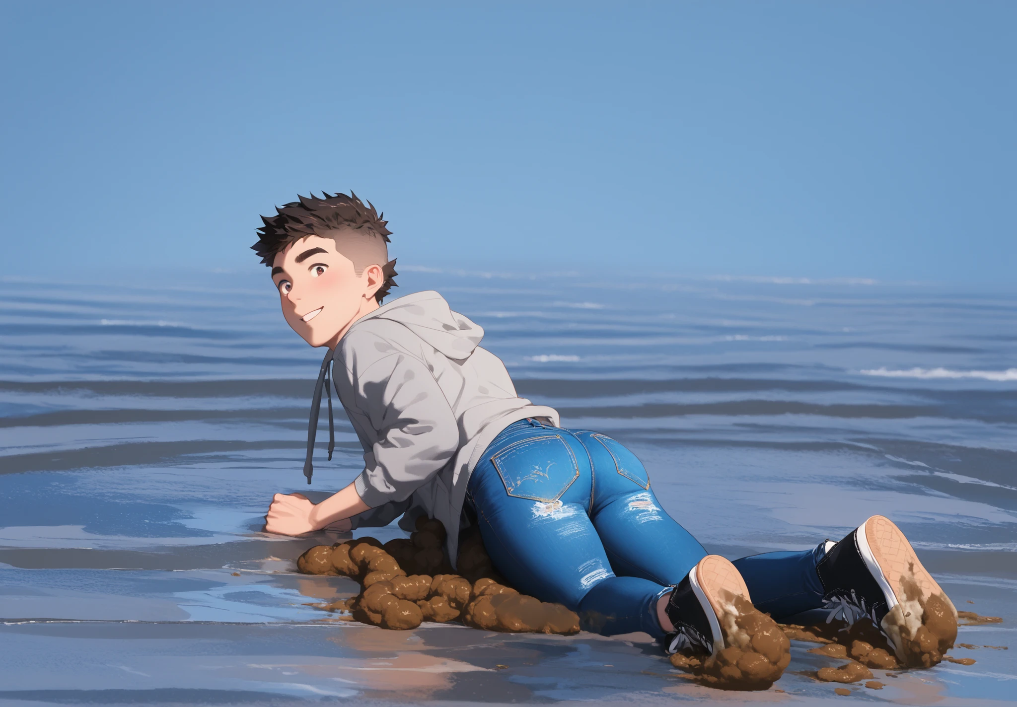 1 boy、show your butt、on all fours、Looking Back、is lying on his stomach He wears black half-knee high converse-boots sneakers xhi:1.9, grey hoodie, pair of light blue skin tight leggings-jeans, fitting like second skin, volume in your crotch、defecation、(((jeans hole Poop ,, with poop))), . he too lazy to use bathroom, Close-up on pants. A hard piece of excrement protrudes from between the back pockets of his jeans