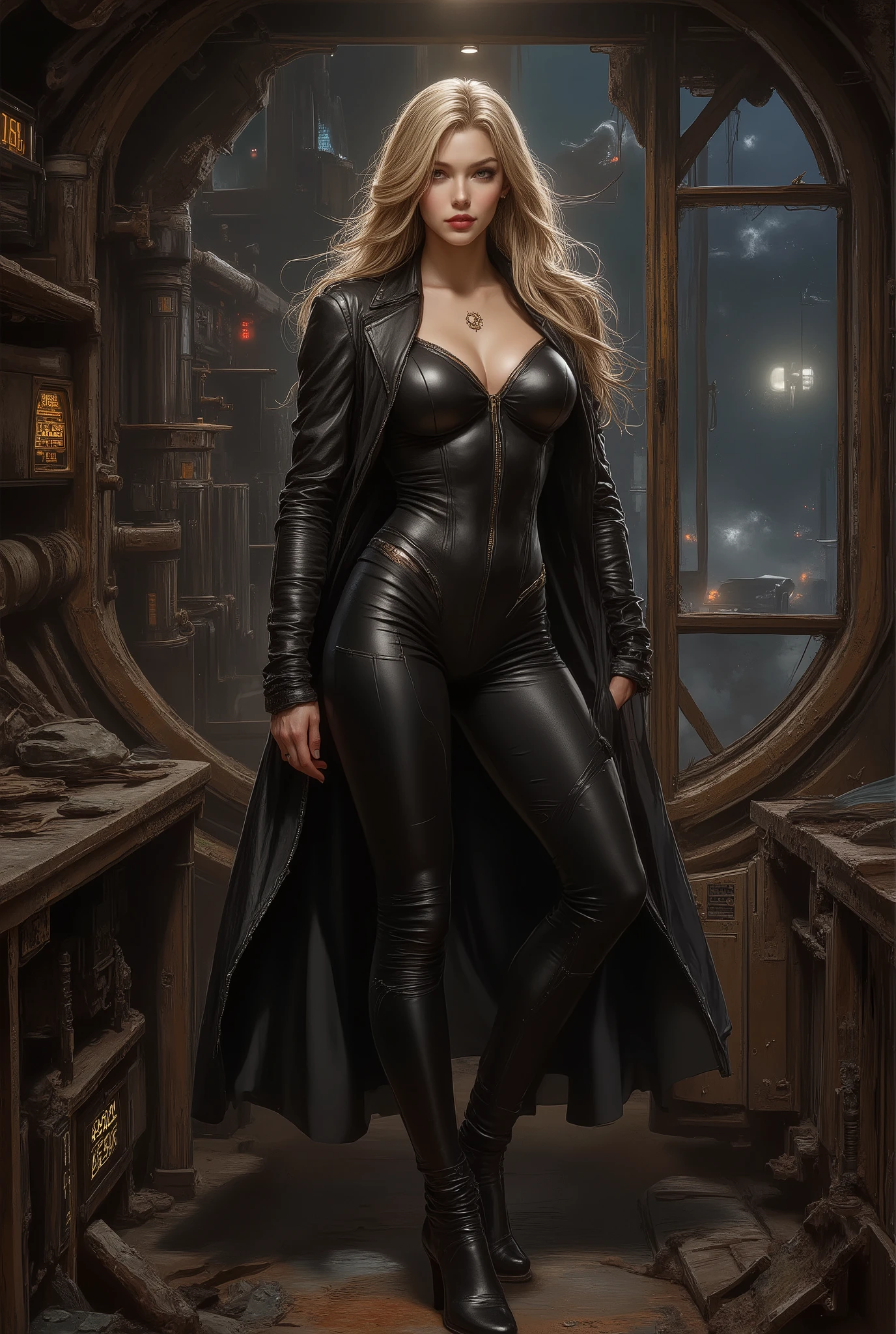 In an abandoned, ruined spaceship drifting in space A sexy, provocative, sensual woman Tall, athletic build, long, straight blonde hair, closed eyes, high arched eyebrows, large breasts, slim waist, broad shoulders, shapely calves. Black leather suit. The dirty rusty pilot sits in the seat with pipes, digital displays, in the background a dirty window overlooking the dark space, foggy, dark environment