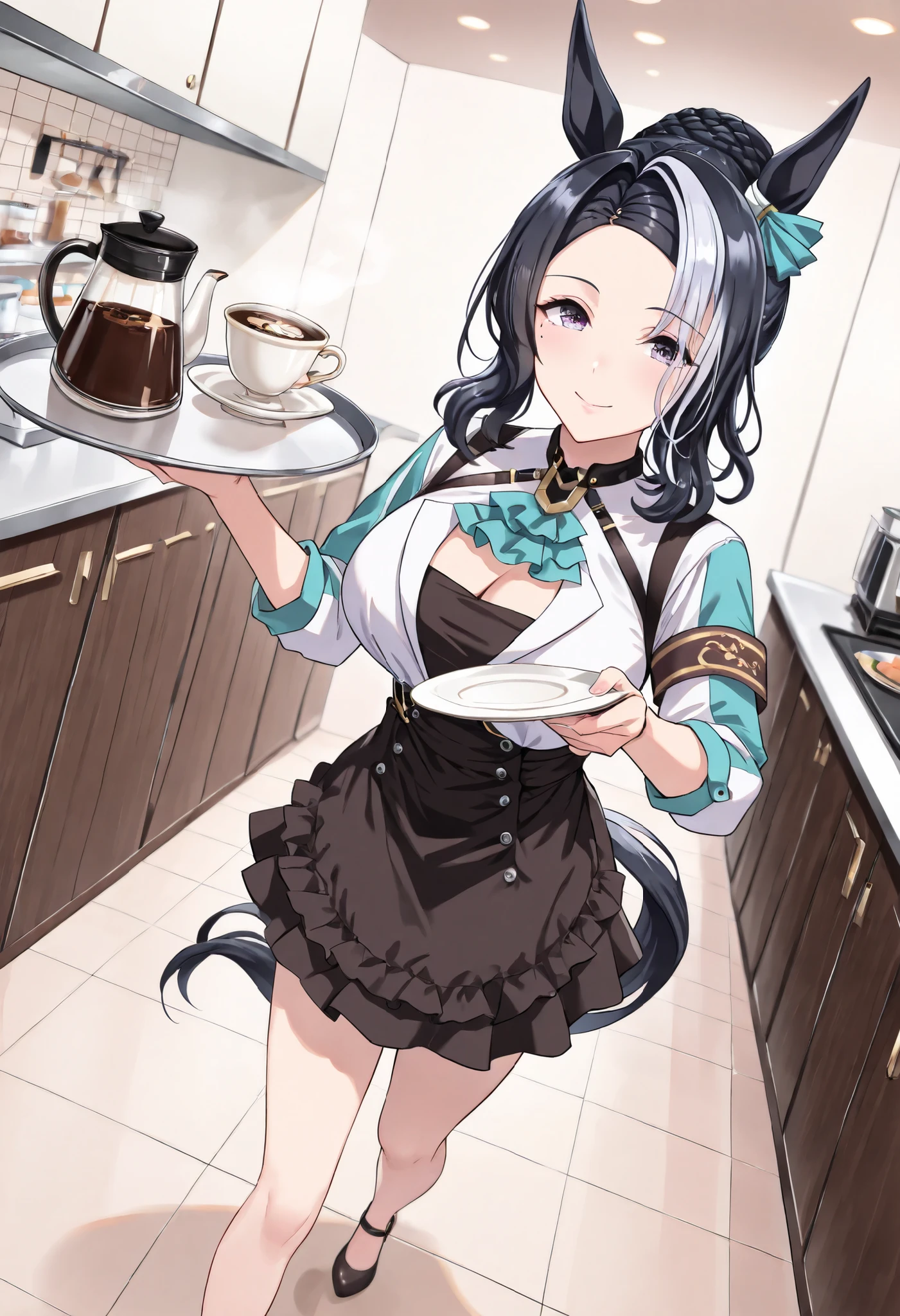 (masterpiece, best quality, perfect face:1.4), wide angle, full body, mejiro ramonu \(umamusume\), black hair, white hair, multicolored hair, ((long hair)), wavy hair, purple eyes, mole under eye, ear ornament, horse ears, horse tail, tail on the lower back, proportional body, proportional,1 girl, beautiful hair, beautiful face, beautiful detailed eyes, beautiful clavicle, beautiful body, beautiful , beautiful thigh, beautiful legs, beautiful fingers, looking at viewer, BREAK, she wears formal attire including a white shirt, black vest, and apron, hopping, running pose, hair flaps, Her figure running with grace and poise, BREAK, The waiter displays a polite and attentive expression, she carries a waiter's tray with coffee cups and a coffee pot, steam, A scene where the cafe owner delivers freshly brewed coffee via food delivery, BREAK, ecstatic expression, Ergonomically Correct Body, textured skin, realistic skin, HDR, BREAK, (perfect hands, perfect ),