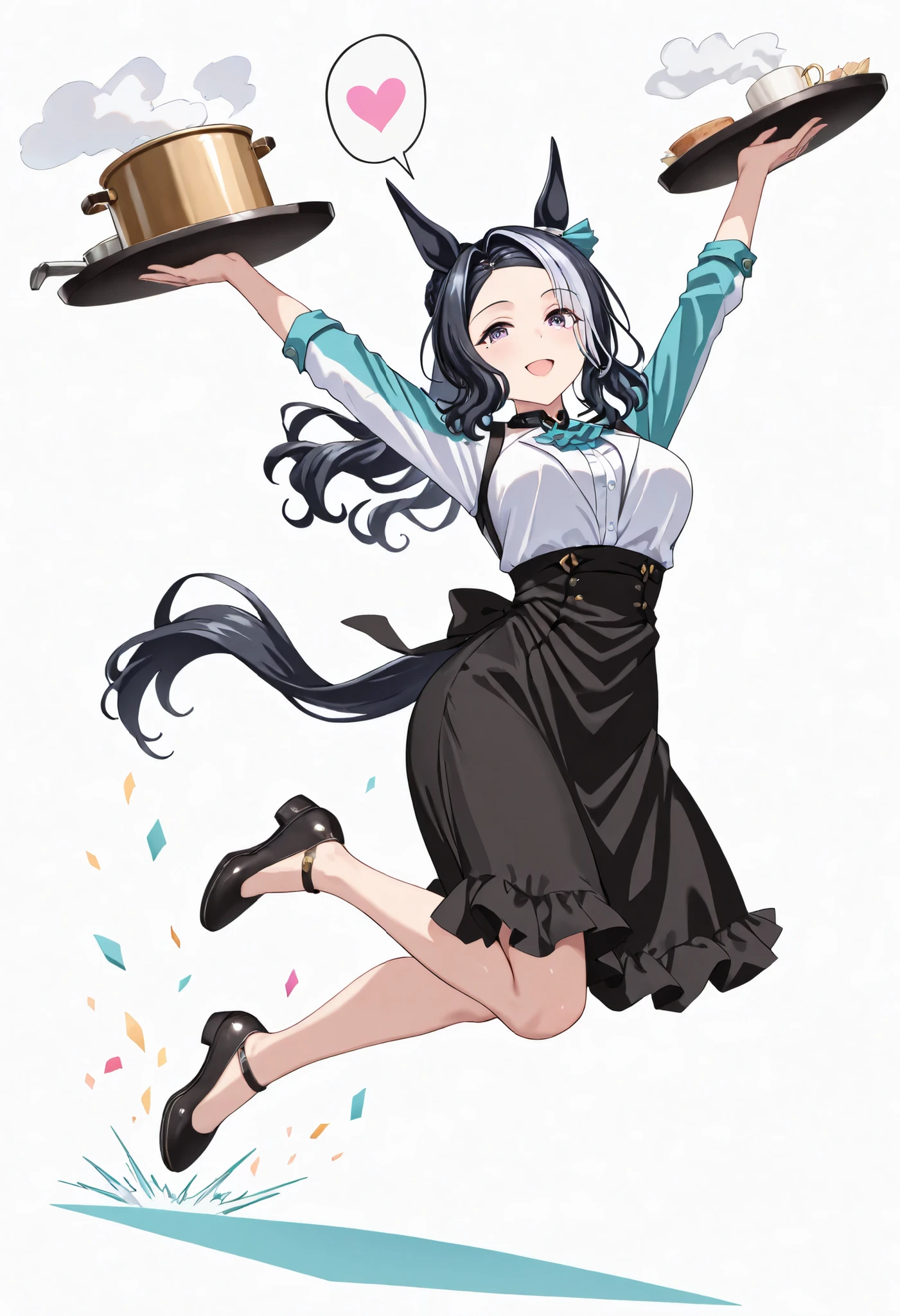 (masterpiece, best quality, perfect face:1.4), wide angle, full body, mejiro ramonu \(umamusume\), black hair, white hair, multicolored hair, ((long hair)), wavy hair, purple eyes, mole under eye, ear ornament, horse ears, horse tail, tail on the lower back, proportional body, proportional,1 girl, beautiful hair, beautiful face, beautiful detailed eyes, beautiful clavicle, beautiful body, beautiful , beautiful thigh, beautiful legs, beautiful fingers, looking at viewer, BREAK, she wears formal attire including a white shirt, black vest, and apron, BREAK, The waiter displays a polite and attentive expression, she carries a waiter's tray with coffee cups and a coffee pot, steam, ///back ground/// simple background, white background, (speech_bubble with large pink heart), party, colorful confetti, ///pose and composition/// (from front, front view, eye_level), (full body), jumping, (in air), bend knees, (arms up, hands in high_air, outstretched arms), BREAK, ecstatic expression, Ergonomically Correct Body, textured skin, realistic skin, HDR, BREAK, (perfect hands, perfect ),
