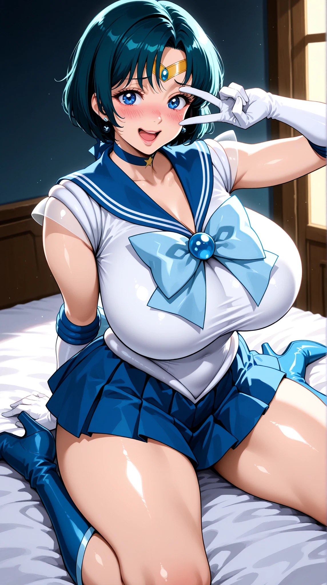 masterpiece, photoreal, high definition, slim waist, long legs, wet skin, huge ass, huge breasts, masterpiece, best quality, absurdres, perfect , 1girl, solo, Sailor Mars, (1990s \(style\), Black Hair, Black Eyes, Long Straight Hair,  smile, maid outfit, white thigh highs, legs spread, on bed, covered in , wet skin,  drip, , ,  on face,  on tits, open mouth