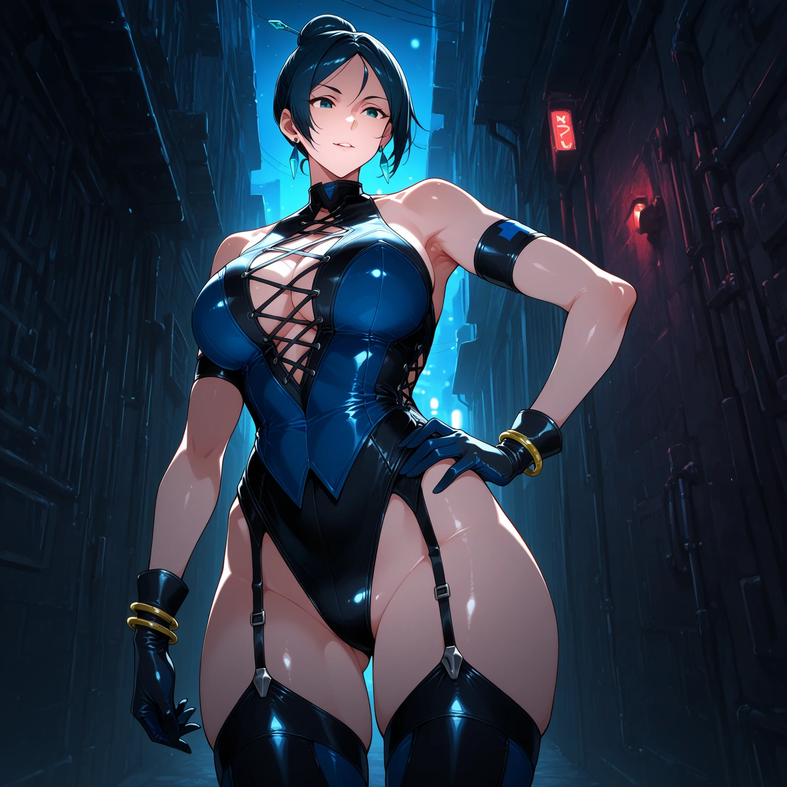 shadow minimalism, anime style, <lora:EnvySendNoodzXL01:0><lora:EnvyShadowMinimalismXL01:3>1girl, woman, succubus fantasy spy lord villainess, kimono, rainy night, bombshell hair, azure hair with slate gray highlights, pixie cut, muscular hips, muscular legs, wide hips, narrow waist, large breasts, japanese, (Secret speakeasy in a mysterious,gargantuan scifi megastructure outside of the universe, masterpiece:1)<lora:EnvyBetterHiresFixXL01:0:hr=1>