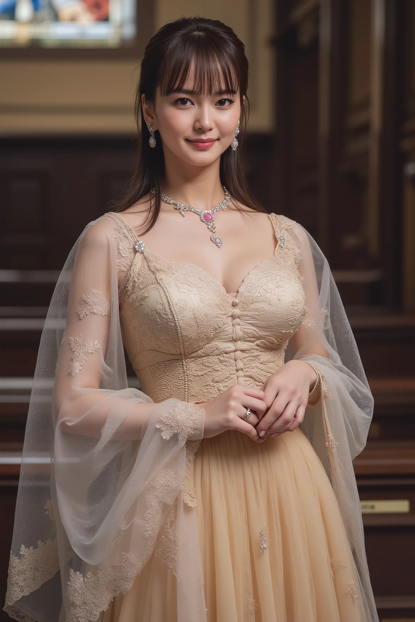 Brown Hair, Blunt bangs, (( best quality, 8k, masterpiece: 1.3)), ((knee shot, three-quarter-length front view of a woman:1.6)), ((topless, sexy taut cleavage:1.2)), ((a naked beauty in big breasts with highly protruded nipples exposed fully:1.6)), 16K HD, high quality, photorealistic, (1 Japanese naked beauty. off-shoulder, bare shoulder, breasts slip, elegant lace embroidered, rainbow color Cinderella-dress:1.4). silver Tiara, pink diamond jewelry necklace. eyelashes, natural make-up, kind smile, tear, teary eyes. straight brown hair is tied up in a neat ponytail. antique-chapel, stained glass, worm lighting. reaching out one hand toward the camera with an inviting, looking at viewer.(perfect detailed, focus woman)