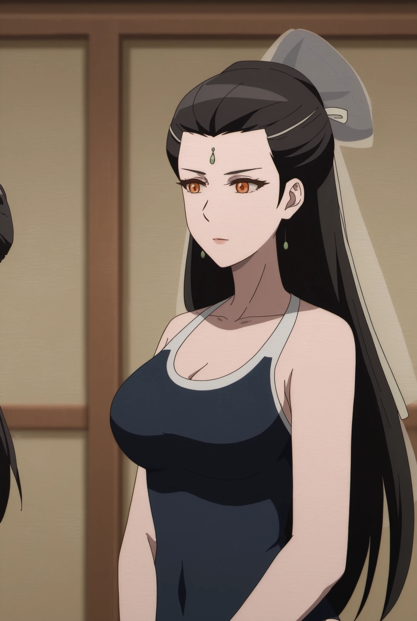 liu ruyan, long hair, black hair, brown eyes, orange eyes, forehead mark, forehead jewel, half-updo, hair pulled back, hair ribbon, mature female, , anime screencap,(swimsuit:1.3),