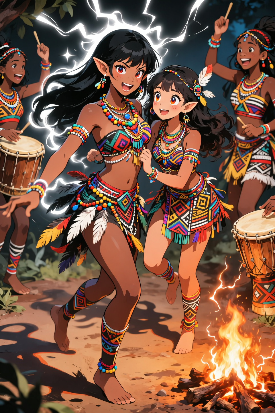 ((Highest quality)), ((masterpiece)), (detailed), （Perfect Face）、The woman is Reika Aoki, a native dancer from Ghana, Africa, with medium-long hair.、A woman is dancing an African native tribal dance in Ghanaian native African tribal dance costume and with a Ghanaian hairstyle