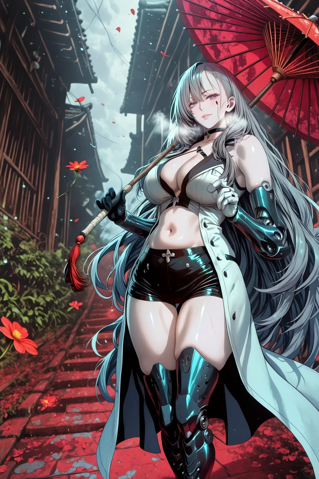 Meteor, Manhwa, L_Cation2, babu-style, Hgk, (tomose_shunsaku-style:1.5), (jeneral-style:1.2), (zonda_(solid_air)-style:1.4), (gin_moku-style:1.3), (kagematsuri-style:1.1), ((anime coloring, anime screencap)), shiny skin, Hand drawn, cinematic, Sharp focus, humorous illustration, big depth of field,(cellulite:1.2) Masterpiece, ((cinematic, backlighting)), concept art, trending on artstation, Vivid colors, Simplified style, trending on ArtStation, trending on CGSociety, Intricate, Vibrant colors, Soft Shading, Simplistic Features, Sharp Angles, Playful, (voluptuous body:1.4), (mature female:1.4), ((anatomical correct)), perfect body, perfect eyes, perfect fingers, gasping, heavy breathing, gasping profusely, ((skindentation)), ((curvy, thigh gap)) illilith, light purple eyes, (pale skin:1.3), multicolored hair, white gloves, grey hair, very long hair, mechanical arms, spade mark under eye, bright pupils, plump, moolight, falling flower, umbrella, alleyway, 1girl, solo, red umbrella, stomach, breasts, black choker, shorts, navel, umbrella, black shorts, midriff, choker, short shorts, standing, gloves, crop top, large breasts, black gloves, holding, thighs, boots, white coat, coat, looking at viewer, oil-paper umbrella, cleavage, holding umbrella, flower, single bare shoulder, black footwear