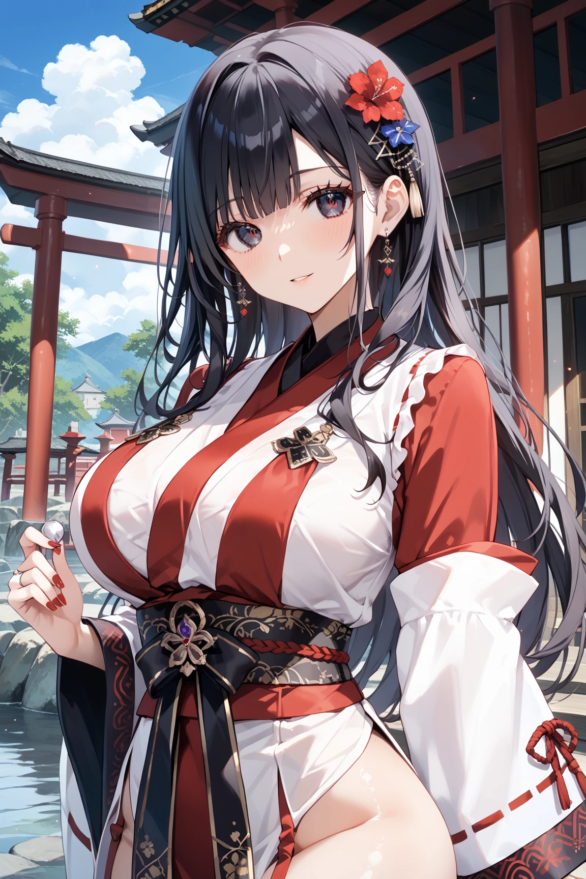 A woman with long black hair, red eyes, cute face, wearing a black kimono with red details, big , in a Japanese garden with autumn weather, Japanese castle behind, smiling.
