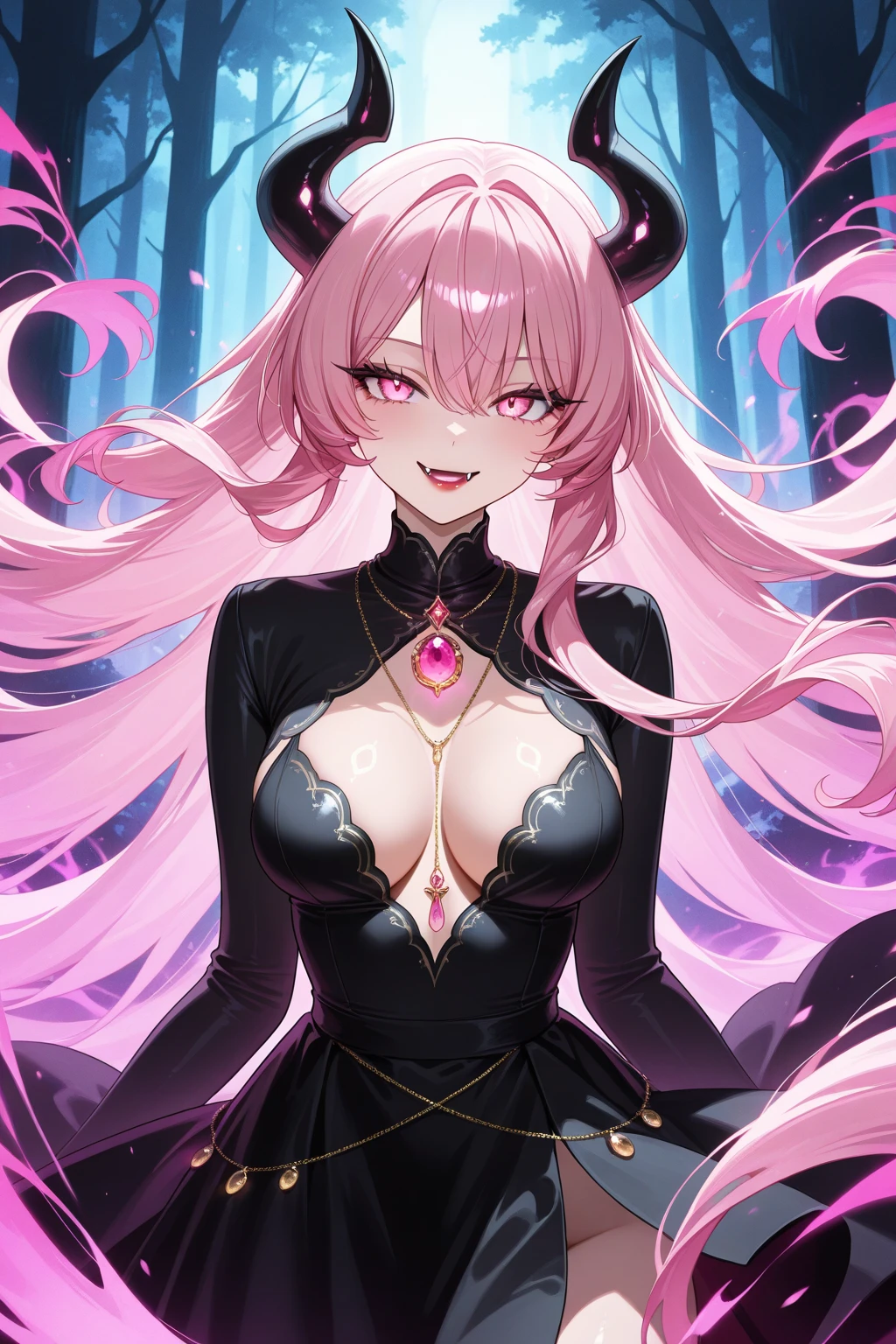 Perfect face. Perfect hands. A pink haired woman with violet eyes with an hourglass figure in a flowing black dress is spinning her scythe in an enchanted forest with a big smile