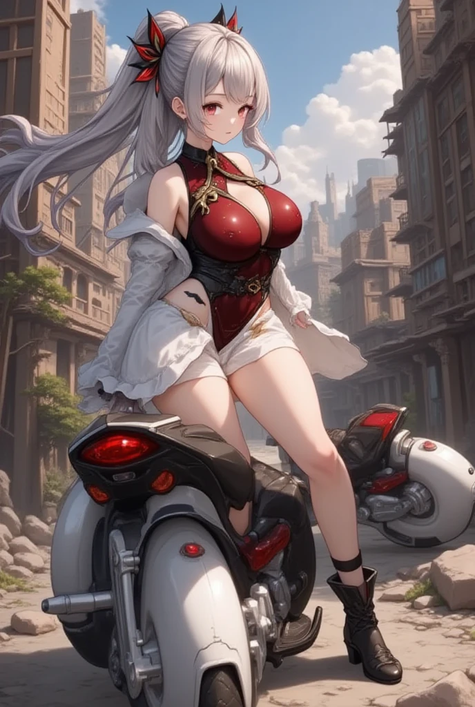 8k, masterpiece, highly detailed, solo, beautiful woman,
Island,
crane shot,
posing with a motorcycle,
furled brow,
bell sleeve top,
Pompadour,
silver hair,