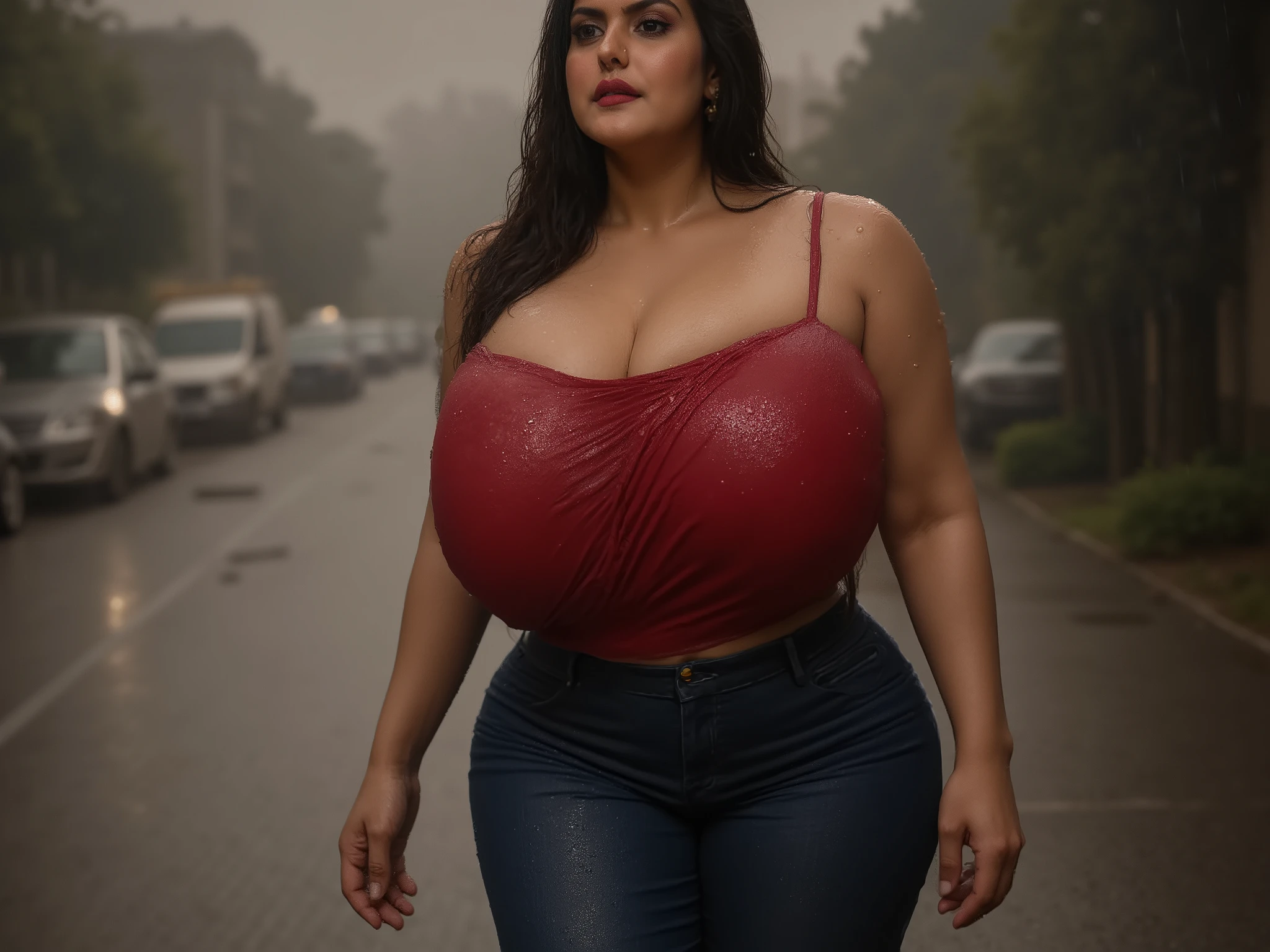 Busty indian curvy slim women wearing sleeveless blouse and jeans pant, walking in rain side profile
