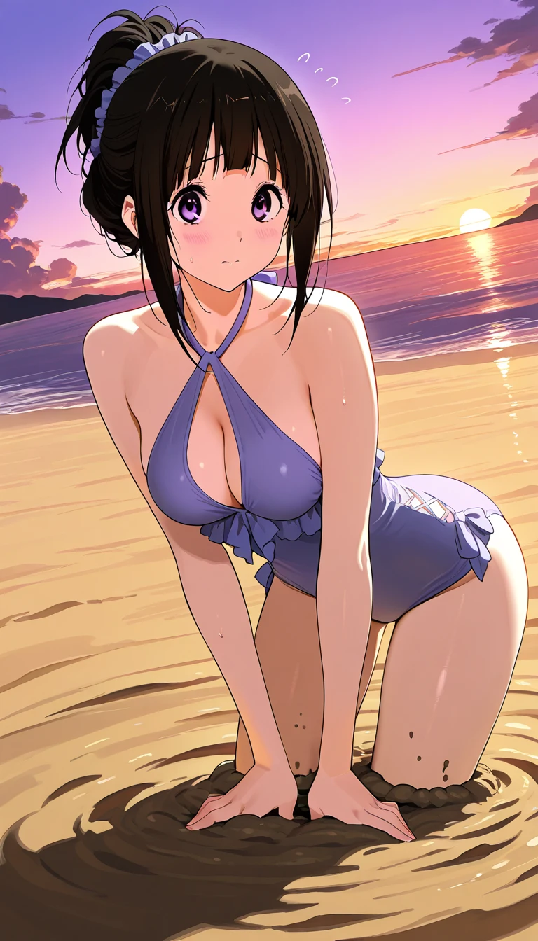 (WALLPAPER,  (hinata\(boruto\), white pants, masterpiece, 4k, vector coloring, whole body shot, contrast lighting, mature female, (curvy:0.8), solo, anime style, sharp focus, professional artwork, intricate details, detailed beach background, colorful, vibrant colors, vivid colors, digital blending, ultra detailed body, ultra detail hair, ultra detail face, trending on pixiv, very hot colors, sunny day, outdoor, detailed bold arm lines, high color saturation, bold lines, bold drawing lines),
(standing, open mouth, kind smile, extremely happy, goodbye, sexy pose),
((dark blue hair color:1.1), wavy hair, ((short hair, hime cut)),
(perfect eyes, white sciera, bright eyes, white eyes, anime eyes, smoky eyeliner, eyeshadow)
(white skin, slender body, , navel, groin, flat belly, perfect face, perfect thighs),
(Thighs, legs, big breasts, perky boobs, off-shoulders, (groin, detailed shoulders), 
(,  chest,  shoulders,  hands,  legs), 
(, , (white micro ), no top)